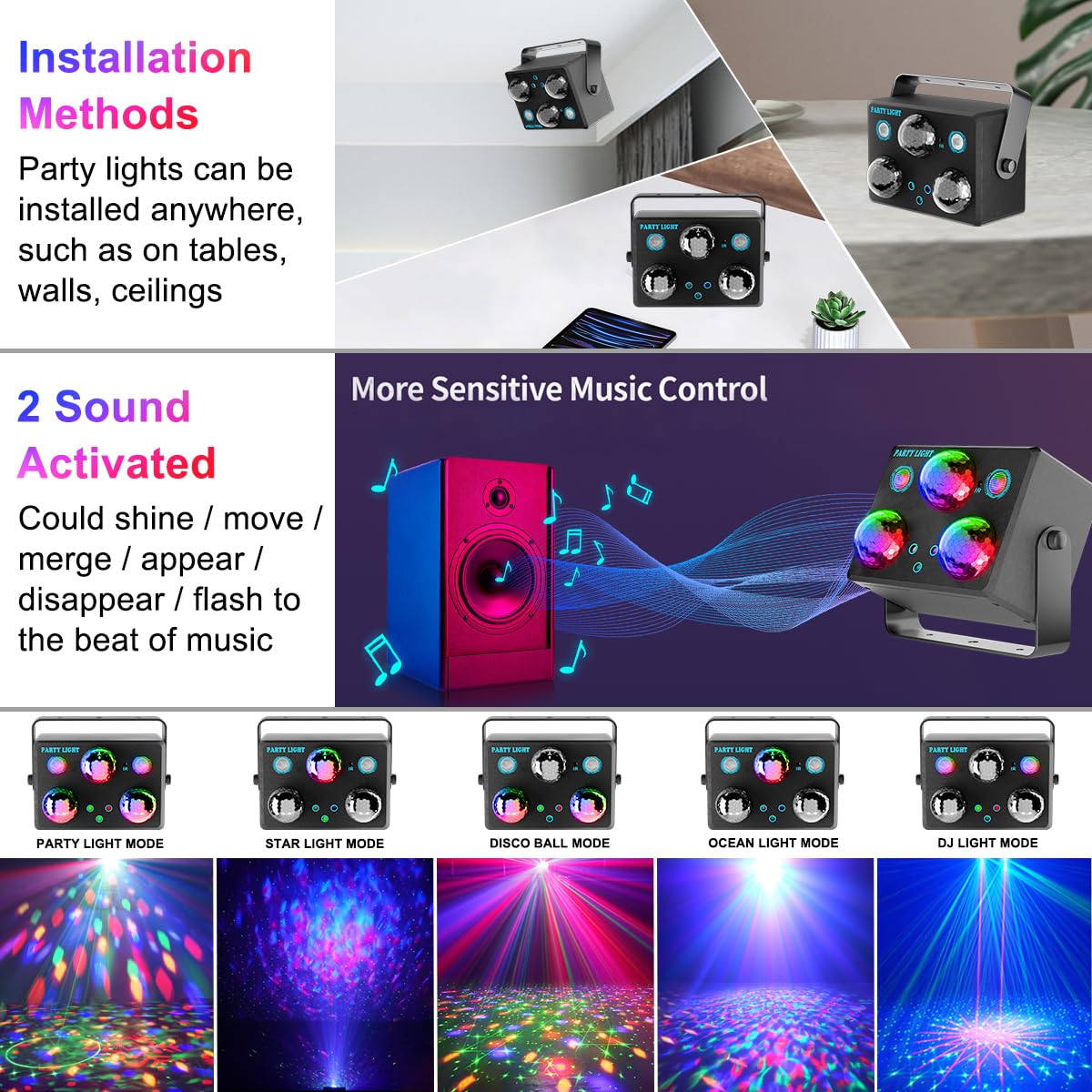 Disco Ball Light,Party Disco Strobe Ocean Star Projector Dj Dance Light Sound Activated with Remote Control Stage Rave for Parties Bar Birthday Wedding KTV Christmas Halloween Dancing Décor