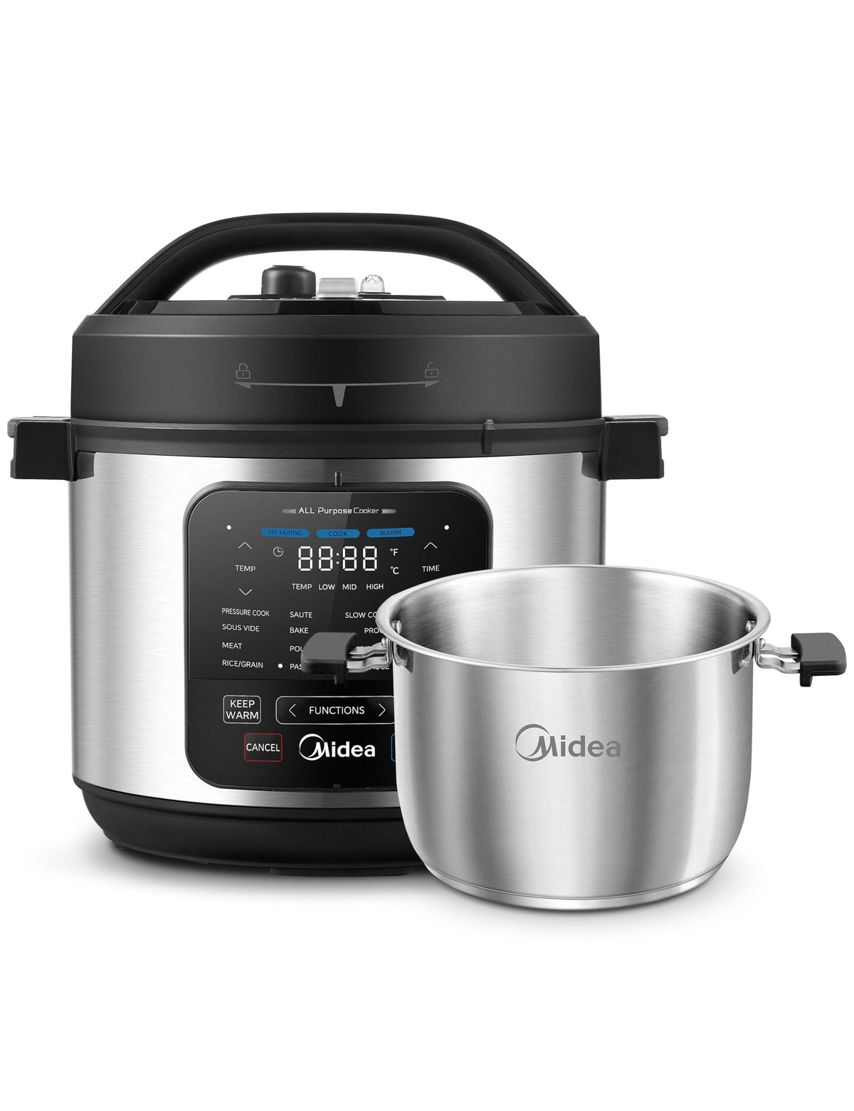 Midea 12-in-1 Electric Pressure Cooker, 6 Quarts, 12 Presets, Multi-Functional Programmable Slow Cooker, Rice Cooker, Steamer, Sauté Pan, Yogurt Maker, and More, Stainless Steel