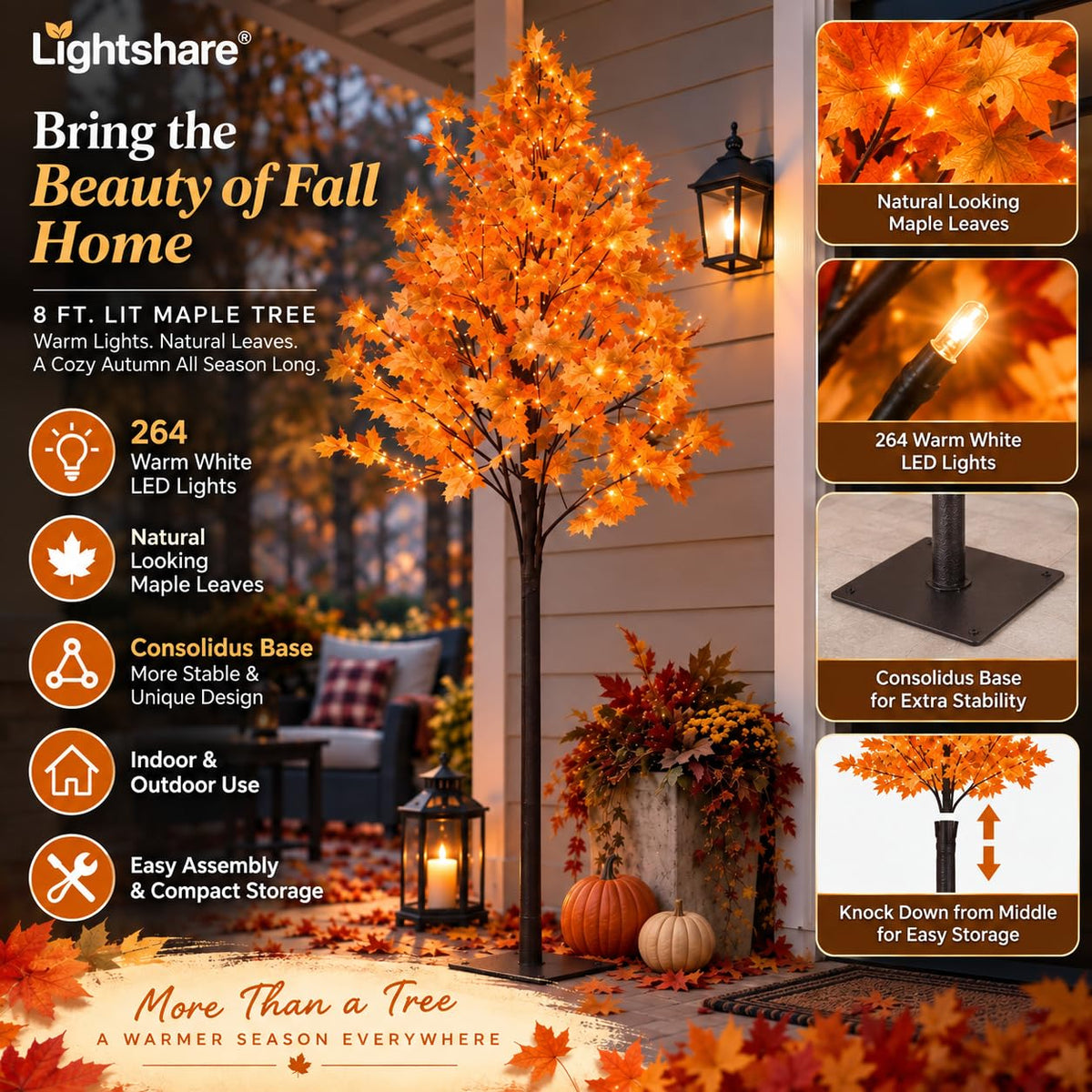 LIGHTSHARE 6FT 120LED Artificial Lighted Maple Tree Warm White Fall Decorations Indoor Ourdoor, Orange