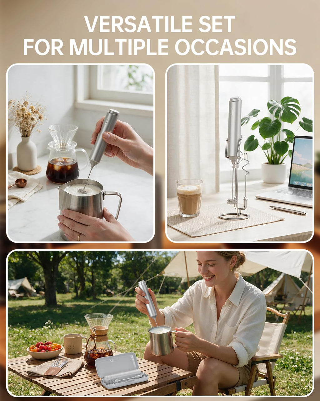 CIRCLE JOY Rechargeable Handheld Milk Frother Wand with Stand, 3 Variable Speeds, 3 Whisks and Storage Box, Electric Drink Mixer for Latte, Cappuccino, Hot Chocolate, Eggs and Protein Powder, Black