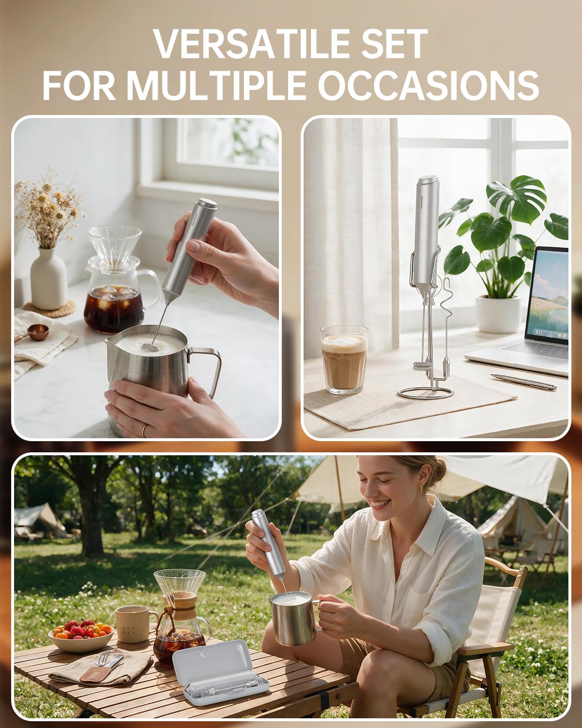 CIRCLE JOY Rechargeable Handheld Milk Frother Wand with Stand, 3 Variable Speeds, 3 Whisks and Storage Box, Electric Drink Mixer for Latte, Cappuccino, Hot Chocolate, Eggs and Protein Powder, Black