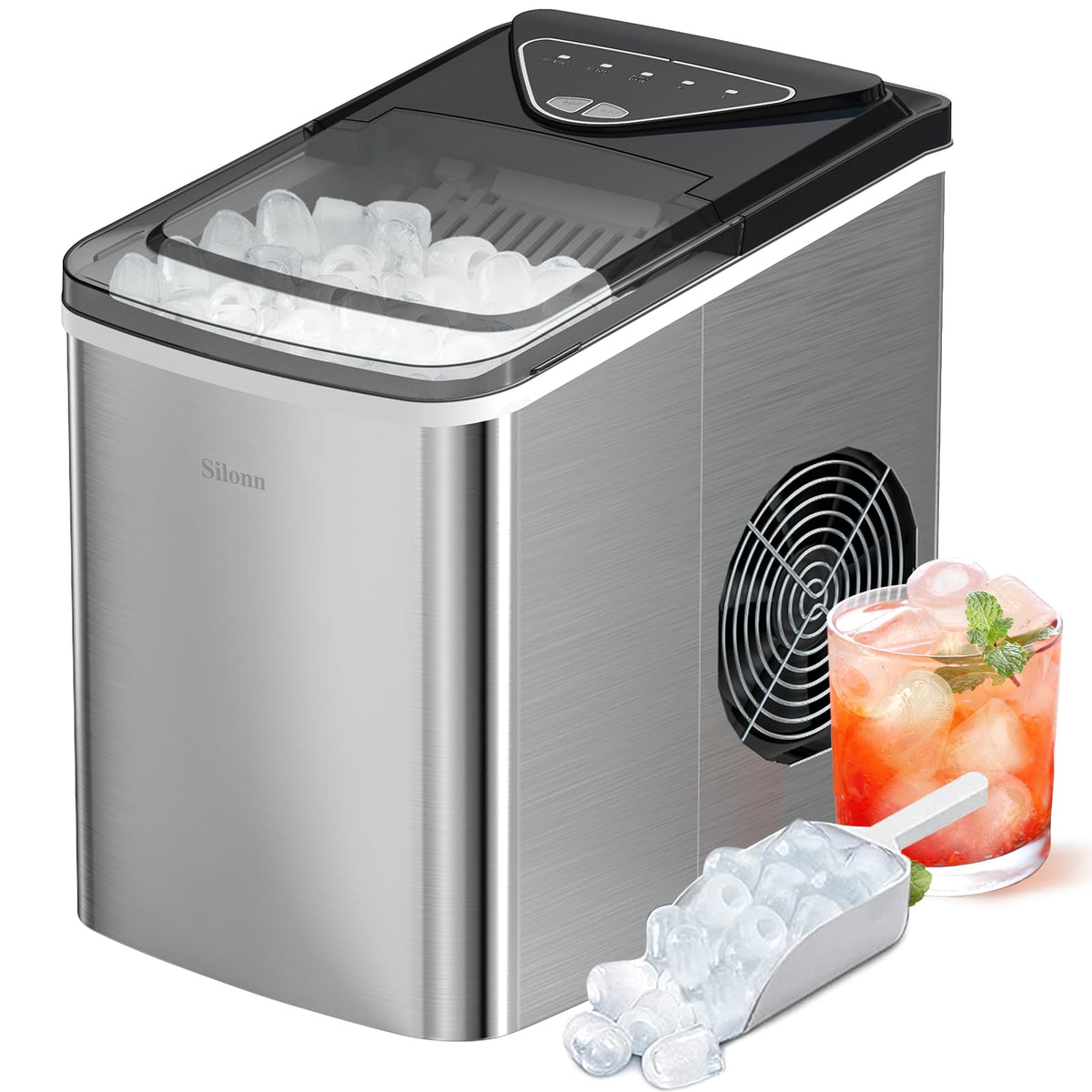 Silonn Ice Maker Countertop, Portable Ice Machine with Carry Handle, Self-Cleaning Ice Makers with Basket and Scoop, 9 Cubes in 6 Mins, 26 lbs per Day, Ideal for Home, Kitchen, Camping, RV