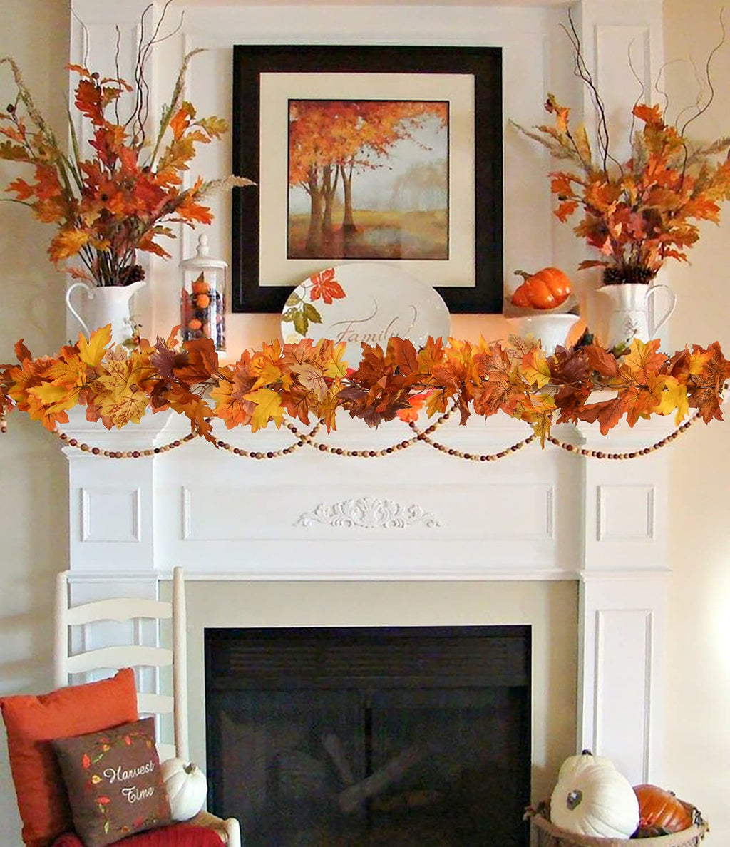 DearHouse 2 Pack Fall Garland Maple Leaf, 5.9Ft/Piece Hanging Vine Garland Artificial Autumn Foliage Garland Thanksgiving Decor for Home Wedding Fireplace Party Christmas (Green)