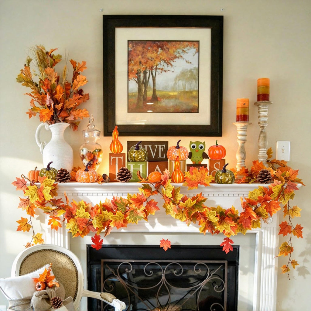 DearHouse 2 Pack Fall Garland Maple Leaf, 5.9Ft/Piece Hanging Vine Garland Artificial Autumn Foliage Garland Thanksgiving Decor for Home Wedding Fireplace Party Christmas (Green)