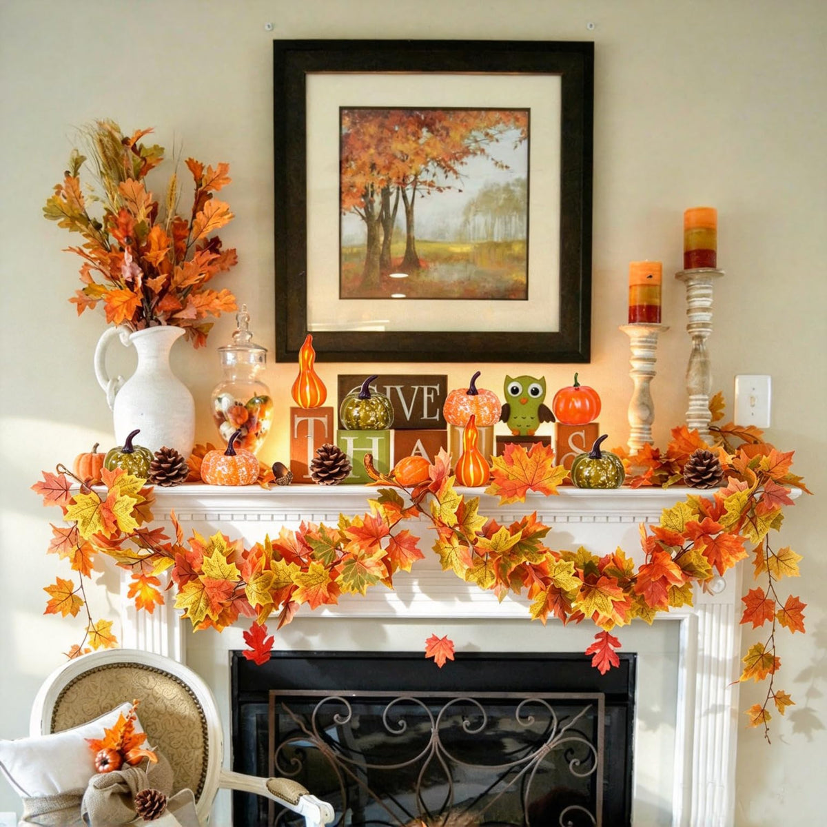 DearHouse 2 Pack Fall Garland Maple Leaf, 5.9Ft/Piece Hanging Vine Garland Artificial Autumn Foliage Garland Thanksgiving Decor for Home Wedding Fireplace Party Christmas (Green)