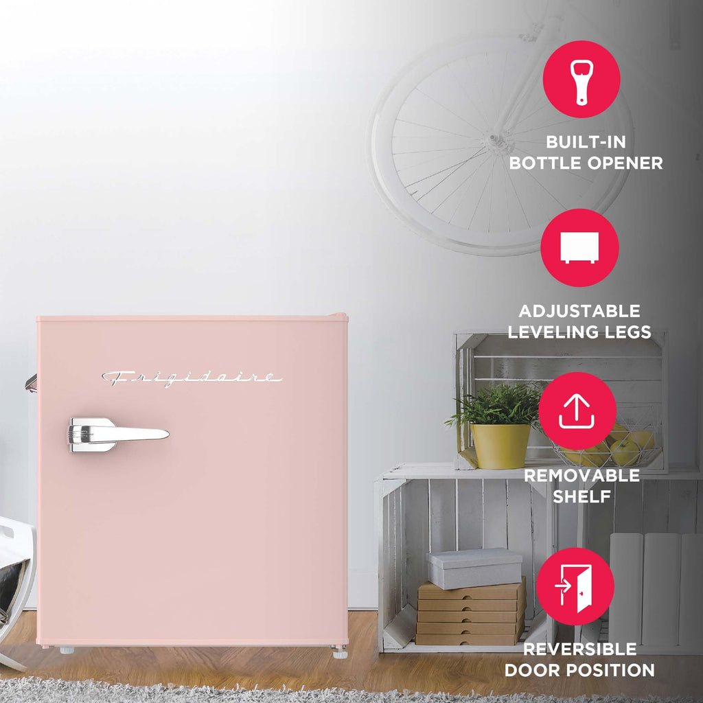 Frigidaire Retro Compact Fridge with Chiller, Countertop, Built-in Bottle Opener, Compact Refrigerator 1.6 cu ft, Mini Fridge for Office, Bedroom, Dorm Room or Cabin - 16" D x 18" W x 18.5" H (White)