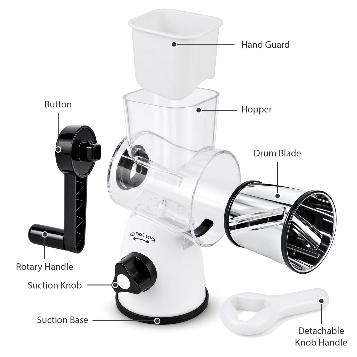 SUSTEAS Rotary Cheese Grater, Large Vegetable Food Shredder, 5 Blades