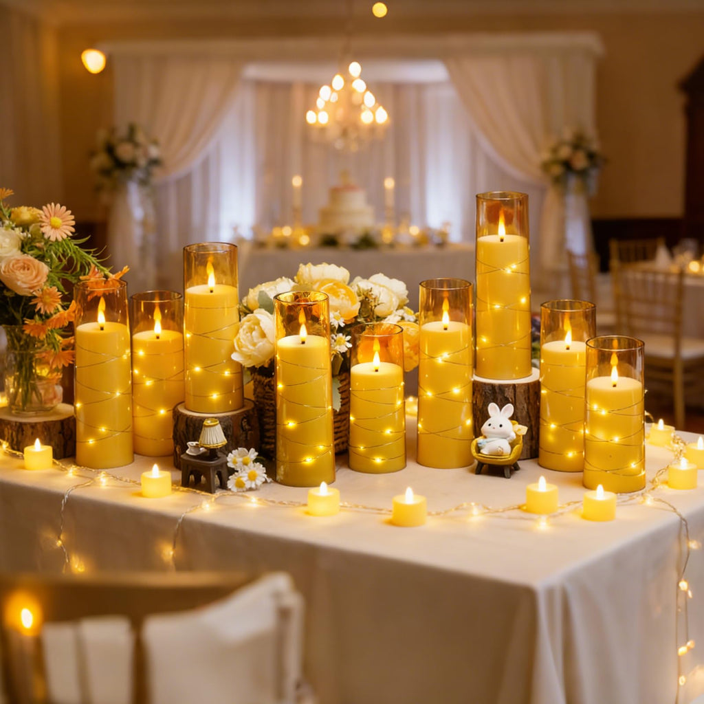 kakoya Flameless LED Candles with Timer 5 Pc Flickering Flameless Candles for Romantic Ambiance and Home Decoration Stable Acrylic Shell,with Embedded Star String，Battery Operated Candles（Grey）