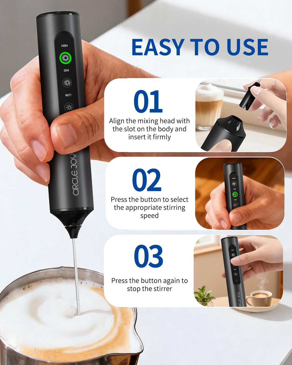 CIRCLE JOY Rechargeable Handheld Milk Frother Wand with Stand, 3 Variable Speeds, 3 Whisks and Storage Box, Electric Drink Mixer for Latte, Cappuccino, Hot Chocolate, Eggs and Protein Powder, Black