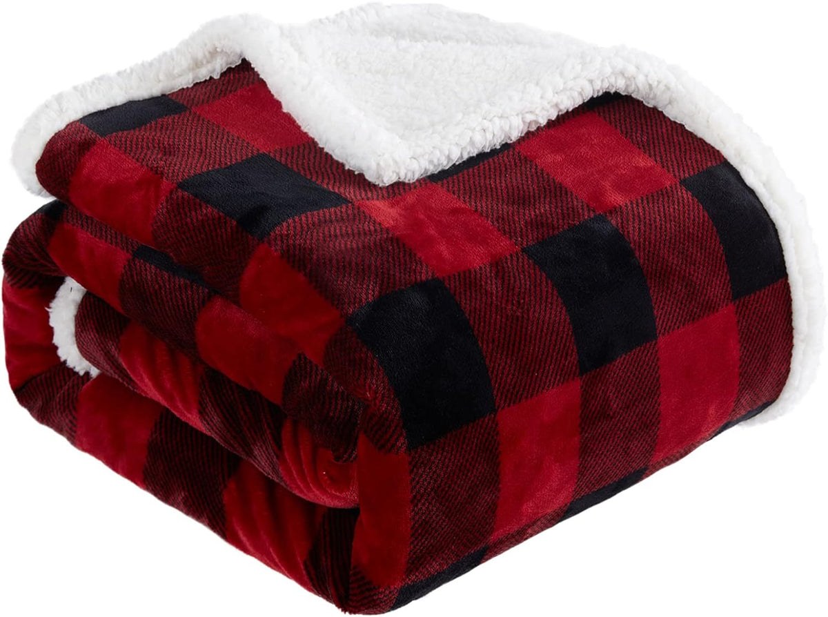 Touchat Sherpa Red and Black Buffalo Plaid Christmas Twin Blanket 60" X 70", Fuzzy Fluffy Soft Cozy Throw Blanket, Fleece Flannel Plush Microfiber Blanket for Couch Bed Sofa