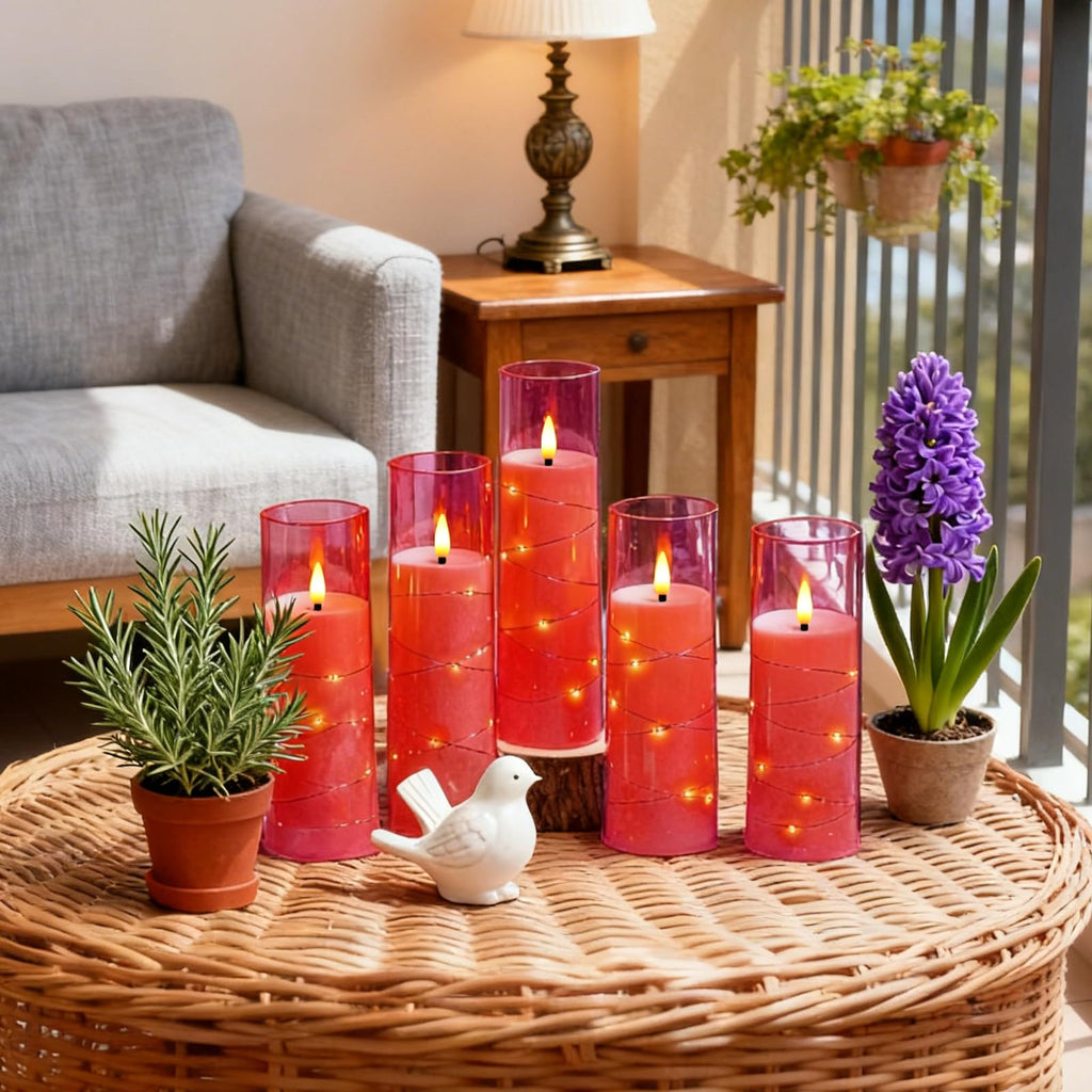 kakoya Flameless LED Candles with Timer 5 Pc Flickering Flameless Candles for Romantic Ambiance and Home Decoration Stable Acrylic Shell,with Embedded Star String，Battery Operated Candles（Grey）