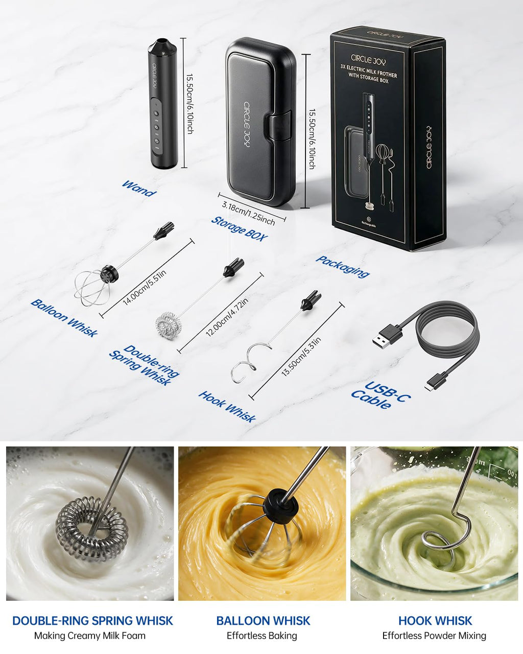 CIRCLE JOY Rechargeable Handheld Milk Frother Wand with Stand, 3 Variable Speeds, 3 Whisks and Storage Box, Electric Drink Mixer for Latte, Cappuccino, Hot Chocolate, Eggs and Protein Powder, Black