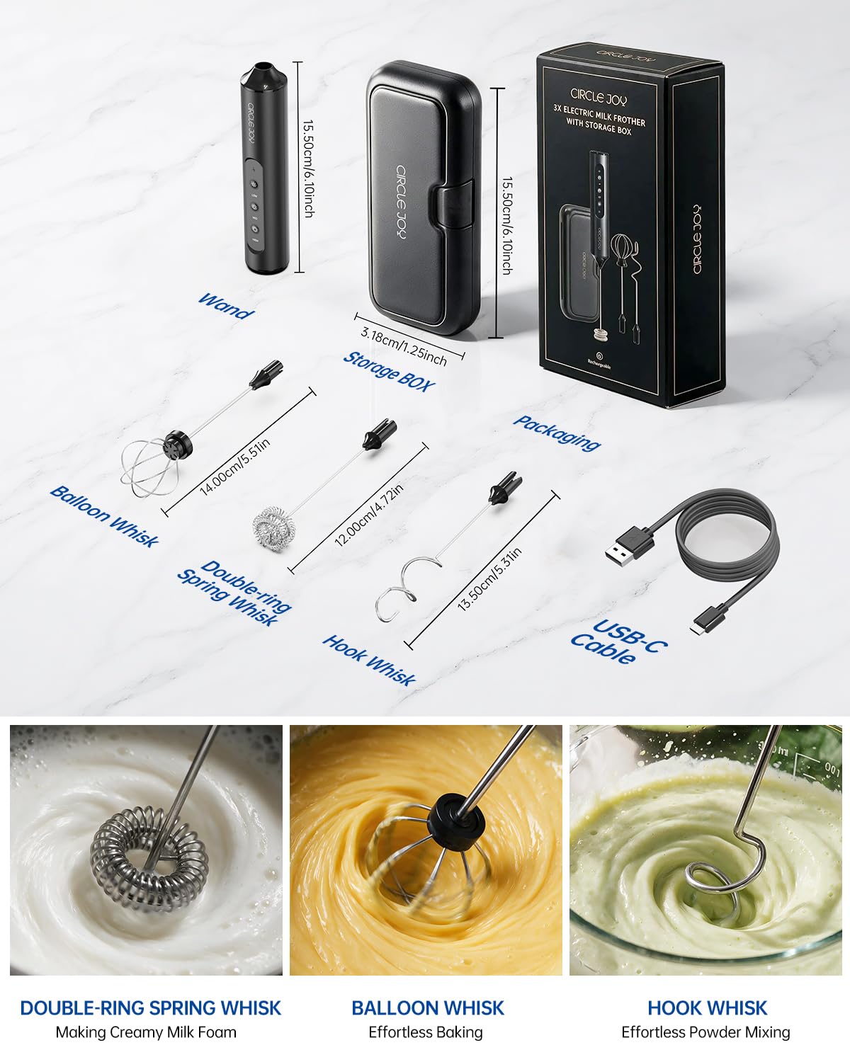 CIRCLE JOY Rechargeable Handheld Milk Frother Wand with Stand, 3 Variable Speeds, 3 Whisks and Storage Box, Electric Drink Mixer for Latte, Cappuccino, Hot Chocolate, Eggs and Protein Powder, Black