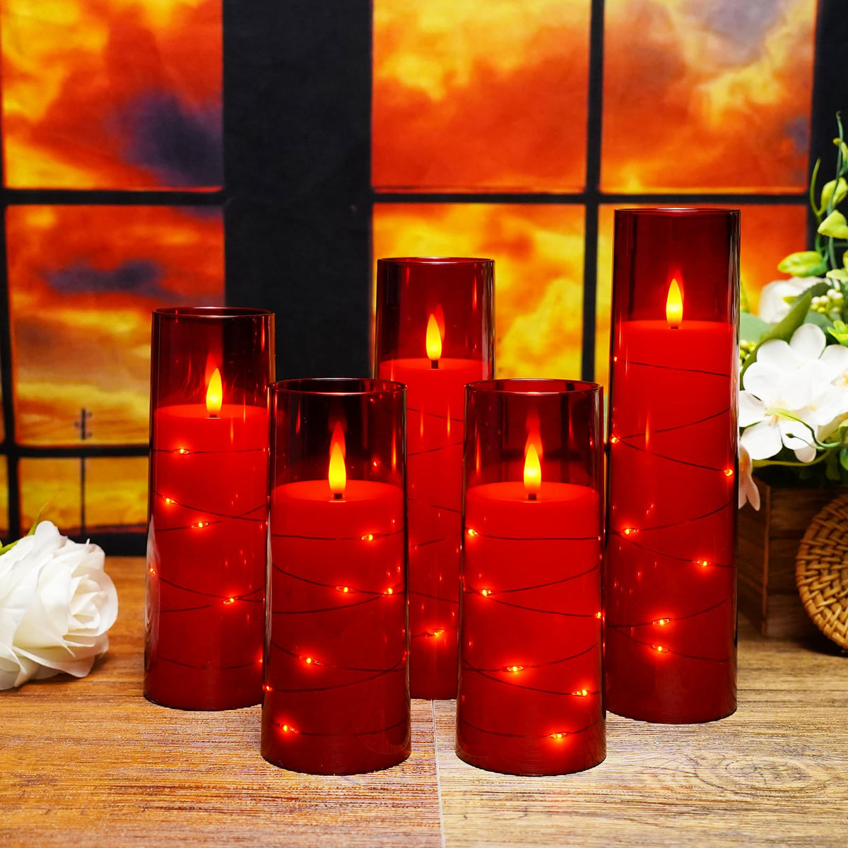 kakoya Flameless LED Candles with Timer 5 Pc Flickering Flameless Candles for Romantic Ambiance and Home Decoration Stable Acrylic Shell,with Embedded Star String，Battery Operated Candles（Grey）
