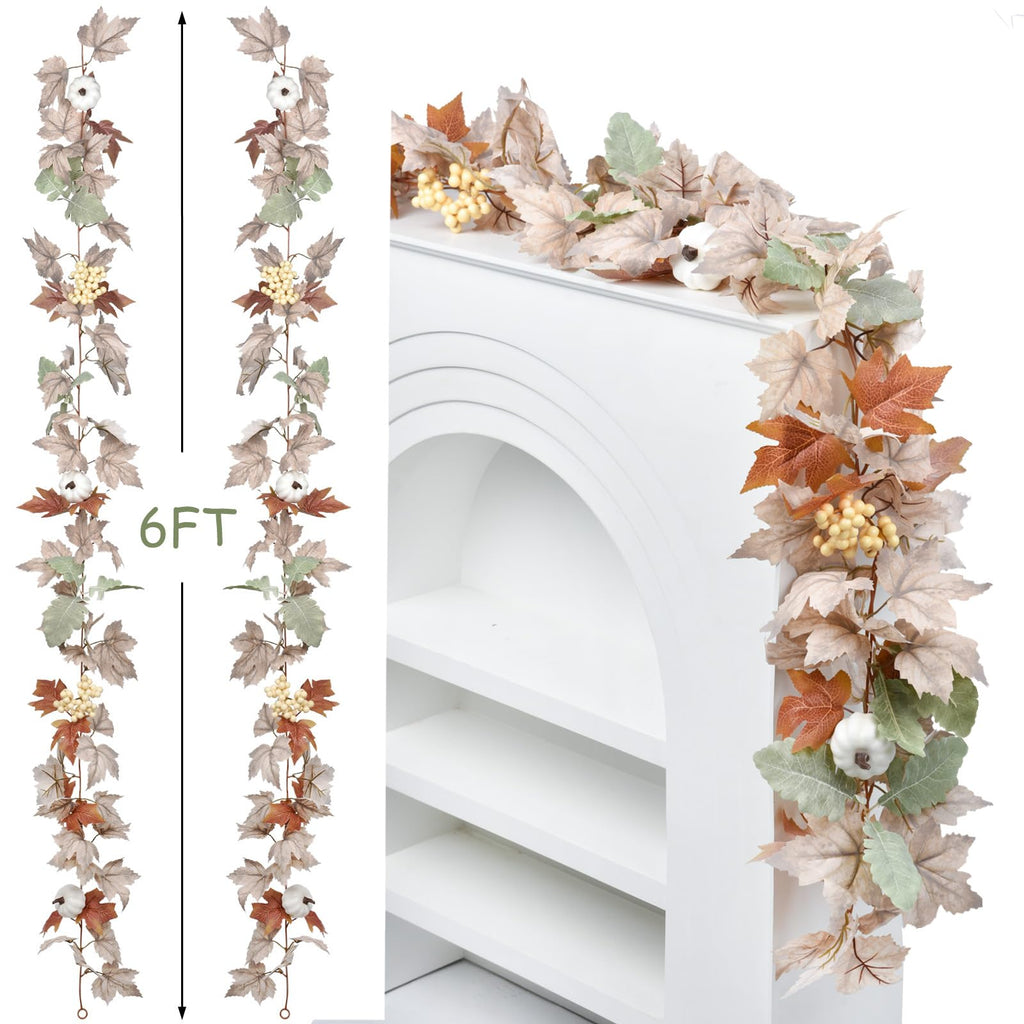 DearHouse 2 Pack Fall Garland Maple Leaf, 5.9Ft/Piece Hanging Vine Garland Artificial Autumn Foliage Garland Thanksgiving Decor for Home Wedding Fireplace Party Christmas (Green)
