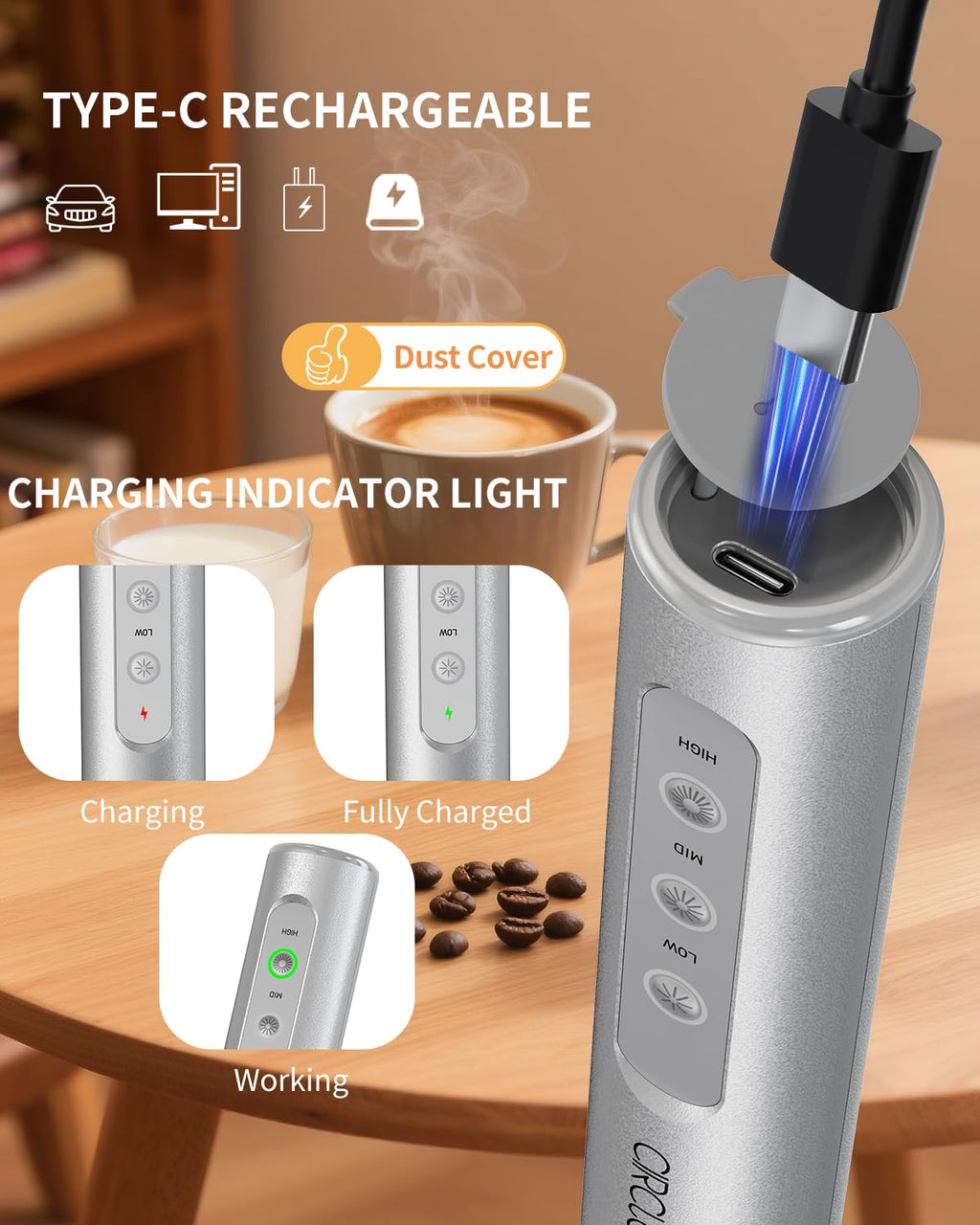 CIRCLE JOY Rechargeable Handheld Milk Frother Wand with Stand, 3 Variable Speeds, 3 Whisks and Storage Box, Electric Drink Mixer for Latte, Cappuccino, Hot Chocolate, Eggs and Protein Powder, Black