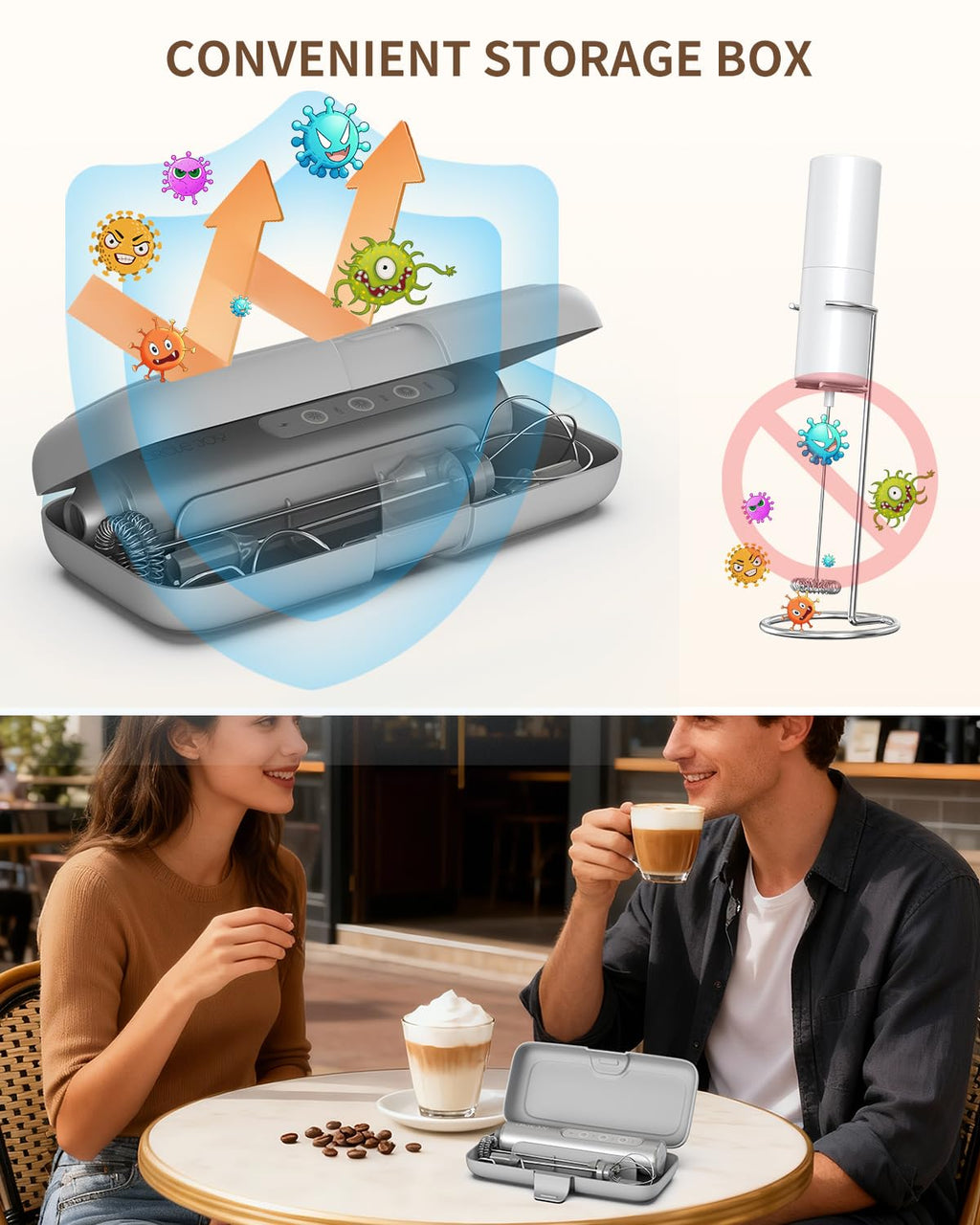 CIRCLE JOY Rechargeable Handheld Milk Frother Wand with Stand, 3 Variable Speeds, 3 Whisks and Storage Box, Electric Drink Mixer for Latte, Cappuccino, Hot Chocolate, Eggs and Protein Powder, Black