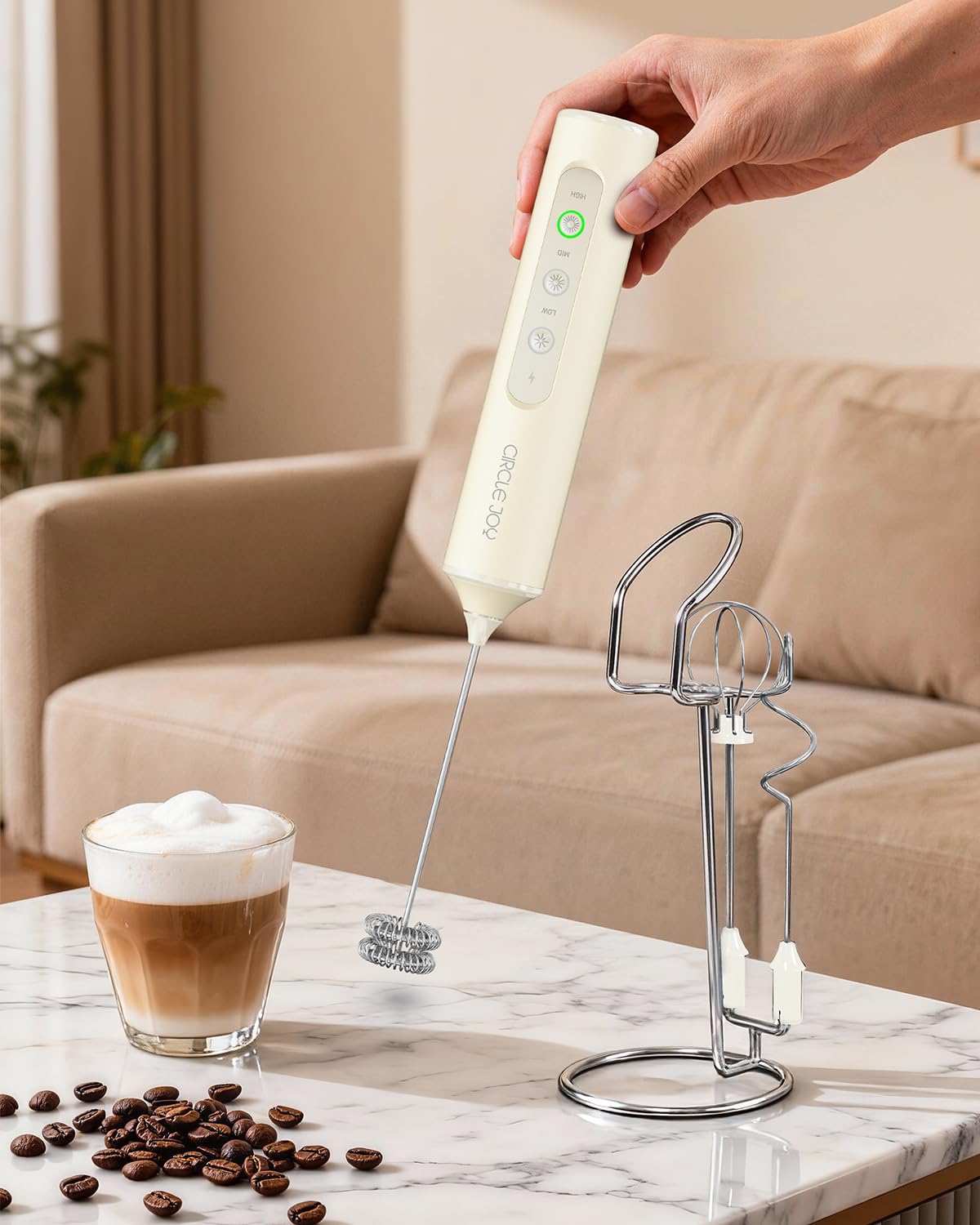 CIRCLE JOY Rechargeable Handheld Milk Frother Wand with Stand, 3 Variable Speeds, 3 Whisks and Storage Box, Electric Drink Mixer for Latte, Cappuccino, Hot Chocolate, Eggs and Protein Powder, Black