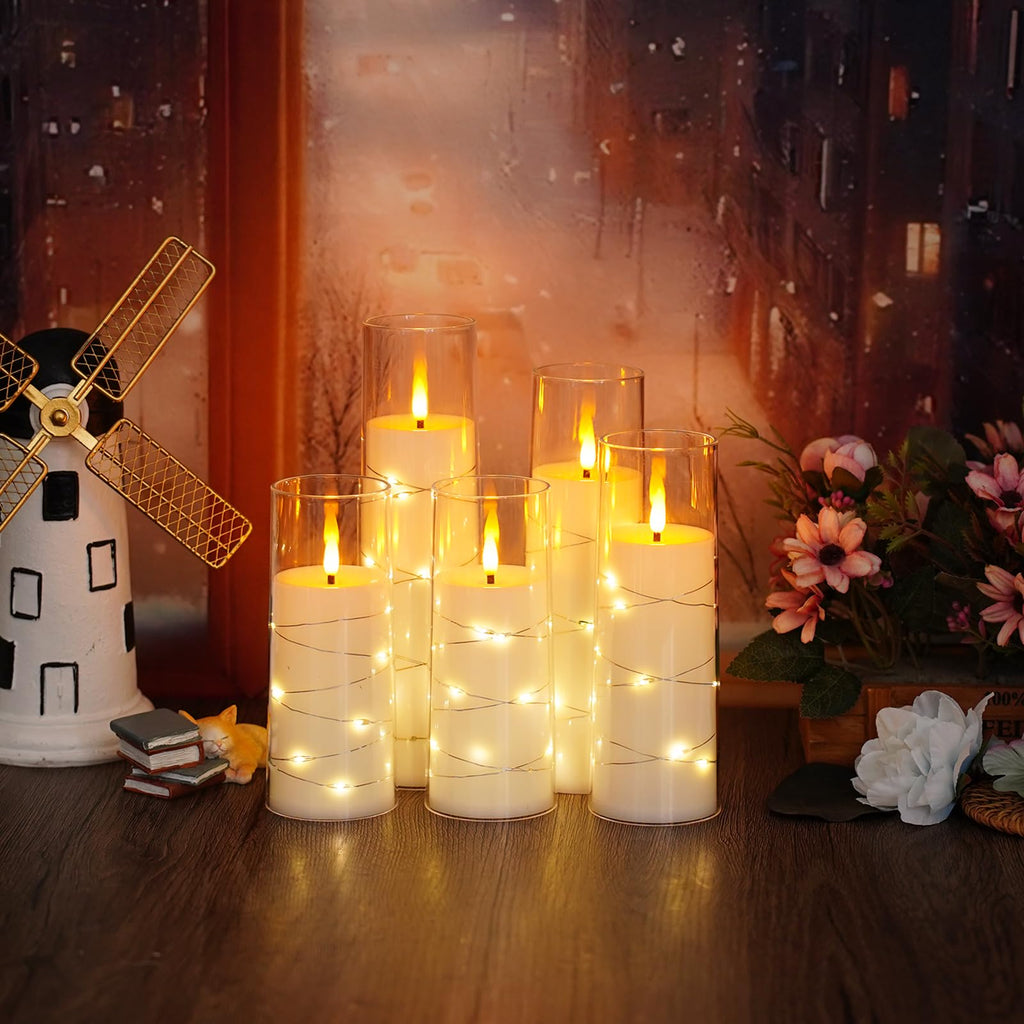 kakoya Flameless LED Candles with Timer 5 Pc Flickering Flameless Candles for Romantic Ambiance and Home Decoration Stable Acrylic Shell,with Embedded Star String，Battery Operated Candles（Grey）