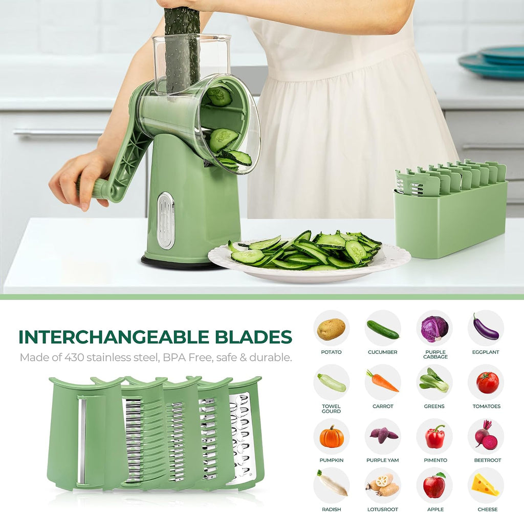 SUSTEAS Rotary Cheese Grater, Large Vegetable Food Shredder, 5 Blades