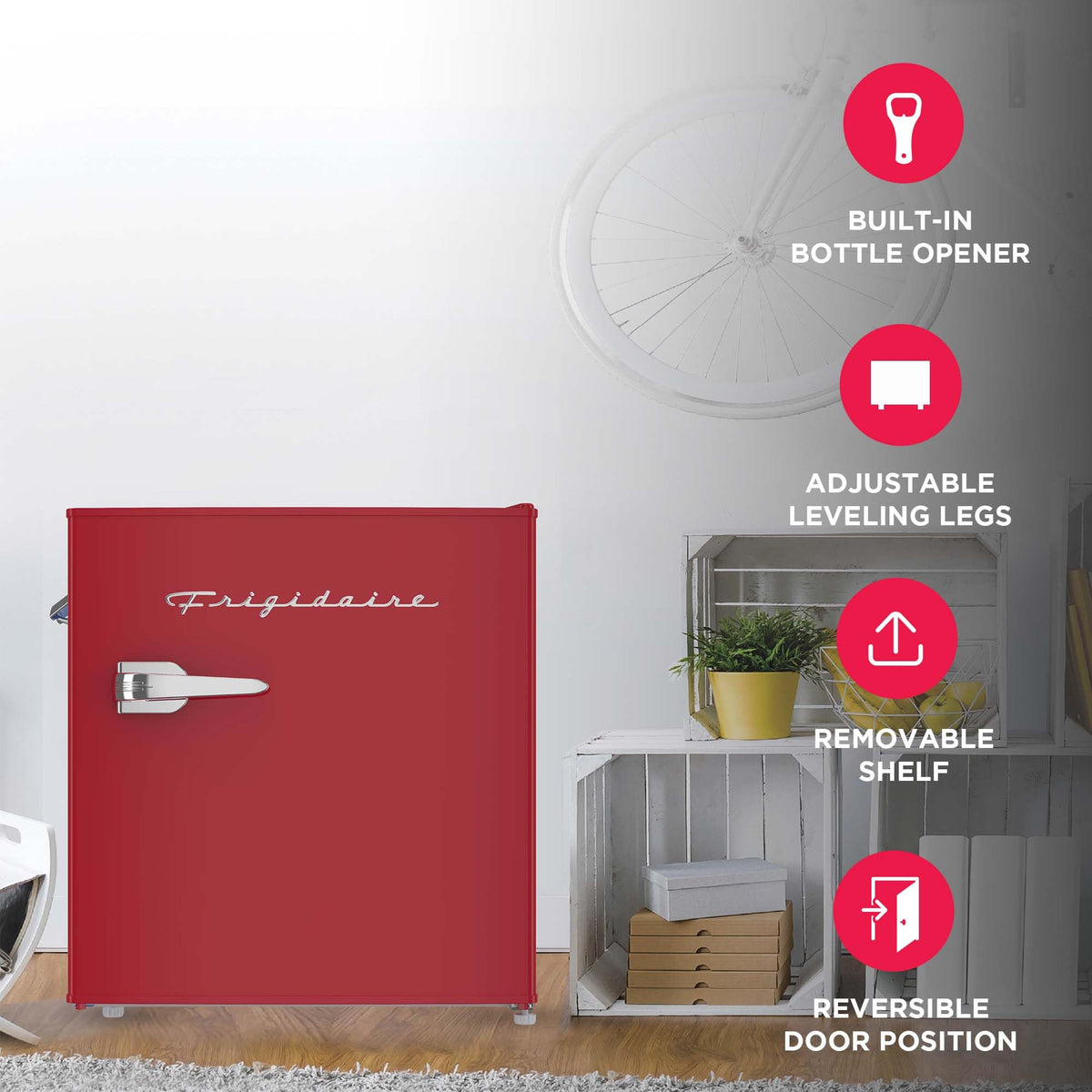 Frigidaire Retro Compact Fridge with Chiller, Countertop, Built-in Bottle Opener, Compact Refrigerator 1.6 cu ft, Mini Fridge for Office, Bedroom, Dorm Room or Cabin - 16" D x 18" W x 18.5" H (White)