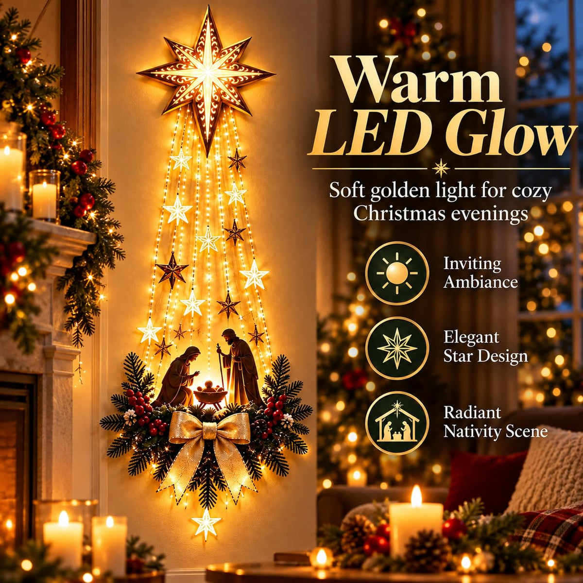 2027 New Bethlehem Star of Faith Lighted Nativity Wall Decor, Lighted Nativity Wall Decor, Led Bethlehem Star of Faith with Holy Family Scene And Warm Lights for Home, Fireplace & Entryway，1pc