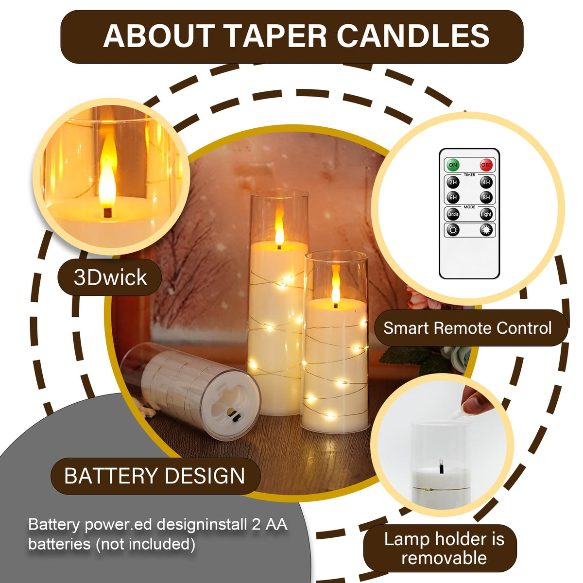 kakoya Flameless LED Candles with Timer 5 Pc Flickering Flameless Candles for Romantic Ambiance and Home Decoration Stable Acrylic Shell,with Embedded Star String，Battery Operated Candles（Grey）