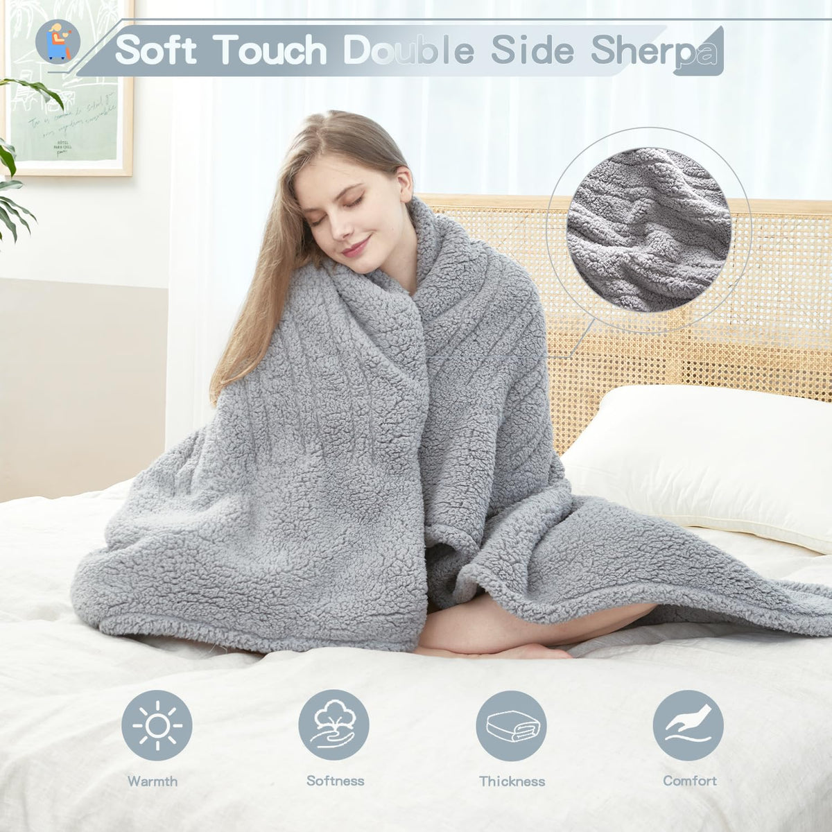 SNUGSUN Heated Blanket Throw Size, Soft and Cozy Electric Heating Blanket for Bed, Automatic Safety System 6 Heating Levels & 4 Hours Auto-Off Gift for Grandma,50" x 60" London Grey