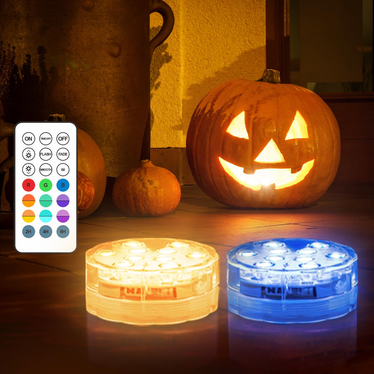 Pumpkin Lights with Remote, Battery Operated Jack O Lantern Lights for Pumpkins, Halloween Decor, Puck, Bathtub, Hot Tub, Party, 4 Pack