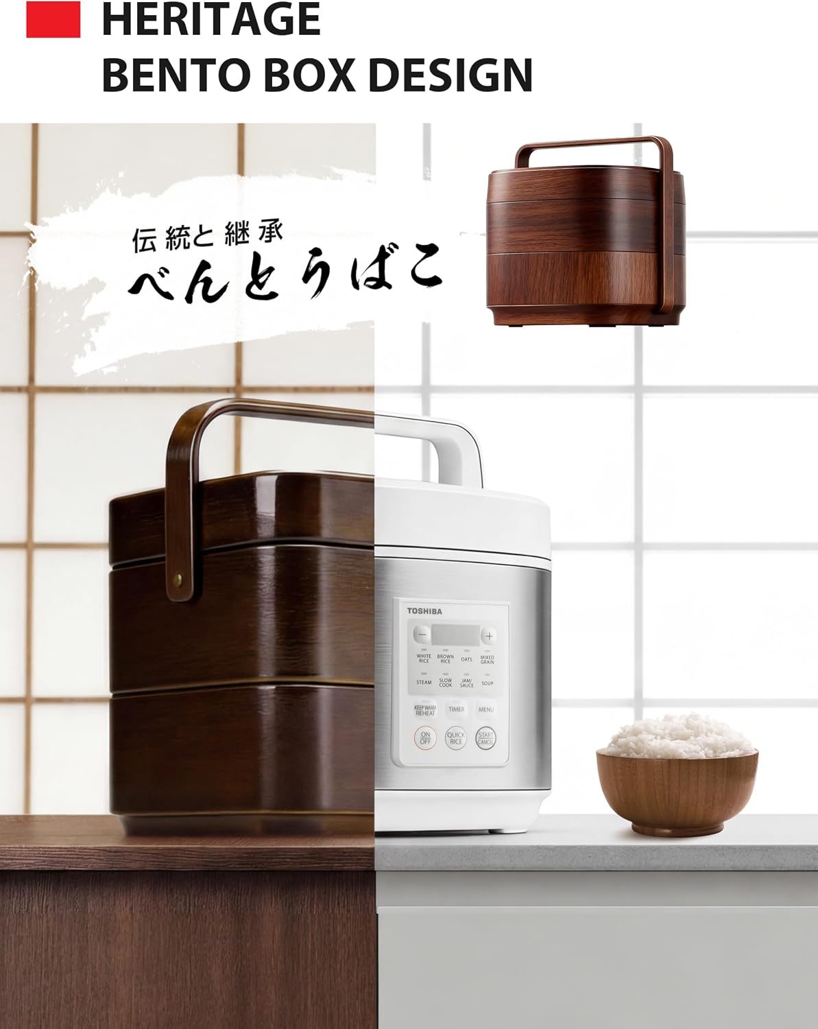 TOSHIBA Rice Cooker Heritage Bento Box, Digital Control, 5.5-Cup Uncooked Rice Capacity, 9 Functions with 3D Heating and 24-Hour Auto Keep Warm