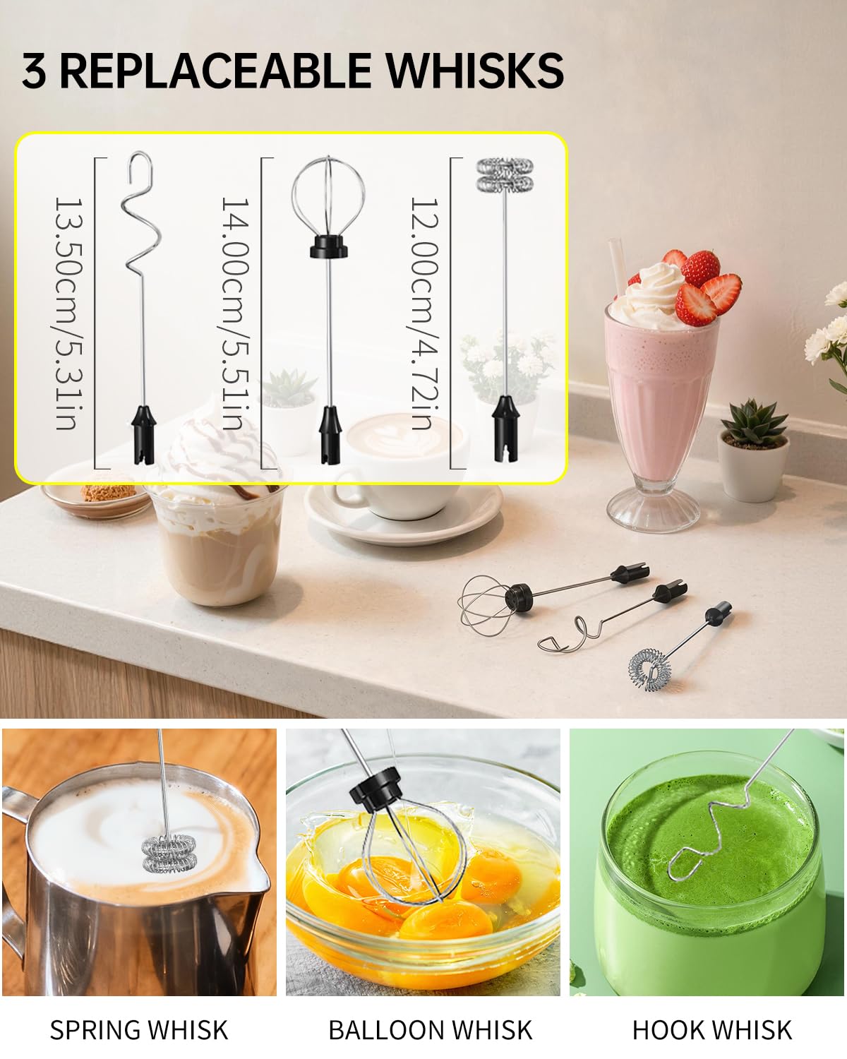 CIRCLE JOY Rechargeable Handheld Milk Frother Wand with Stand, 3 Variable Speeds, 3 Whisks and Storage Box, Electric Drink Mixer for Latte, Cappuccino, Hot Chocolate, Eggs and Protein Powder, Black