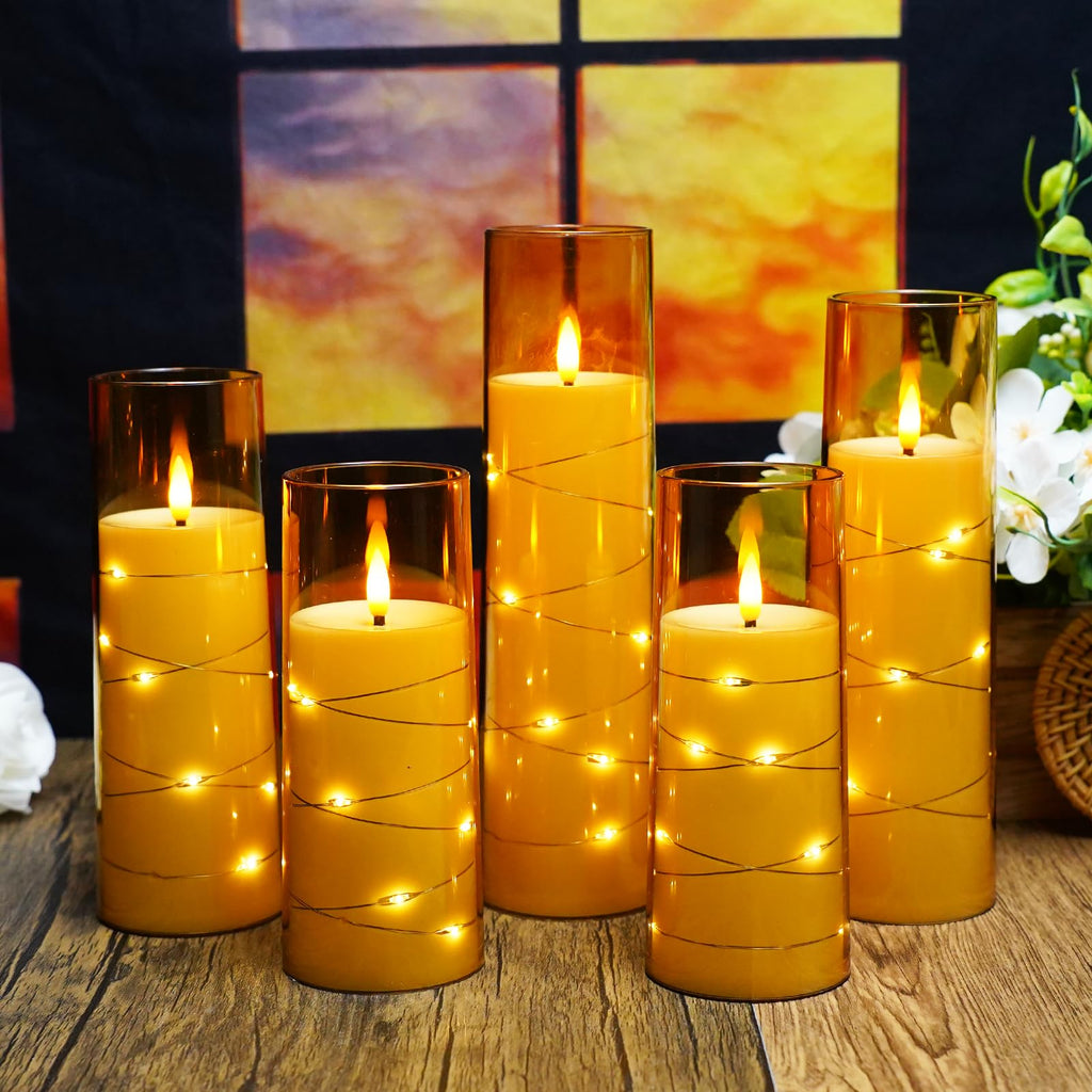 kakoya Flameless LED Candles with Timer 5 Pc Flickering Flameless Candles for Romantic Ambiance and Home Decoration Stable Acrylic Shell,with Embedded Star String，Battery Operated Candles（Grey）