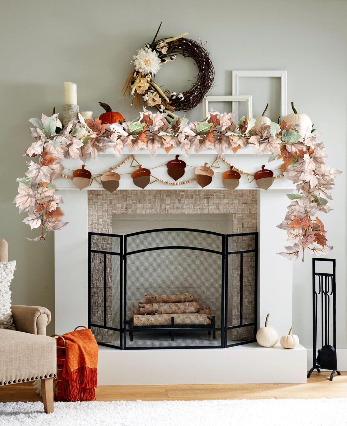 DearHouse 2 Pack Fall Garland Maple Leaf, 5.9Ft/Piece Hanging Vine Garland Artificial Autumn Foliage Garland Thanksgiving Decor for Home Wedding Fireplace Party Christmas (Green)