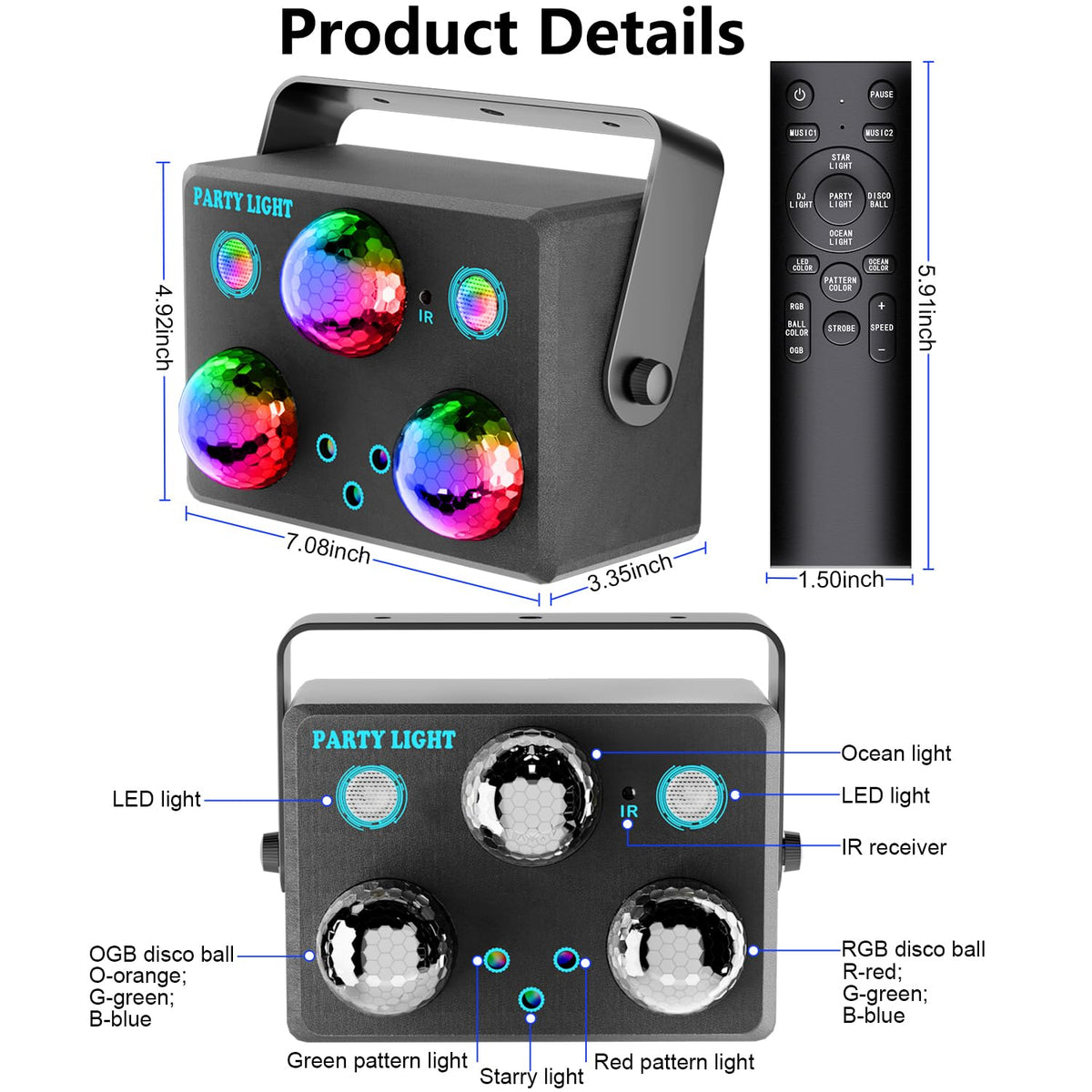 Disco Ball Light,Party Disco Strobe Ocean Star Projector Dj Dance Light Sound Activated with Remote Control Stage Rave for Parties Bar Birthday Wedding KTV Christmas Halloween Dancing Décor