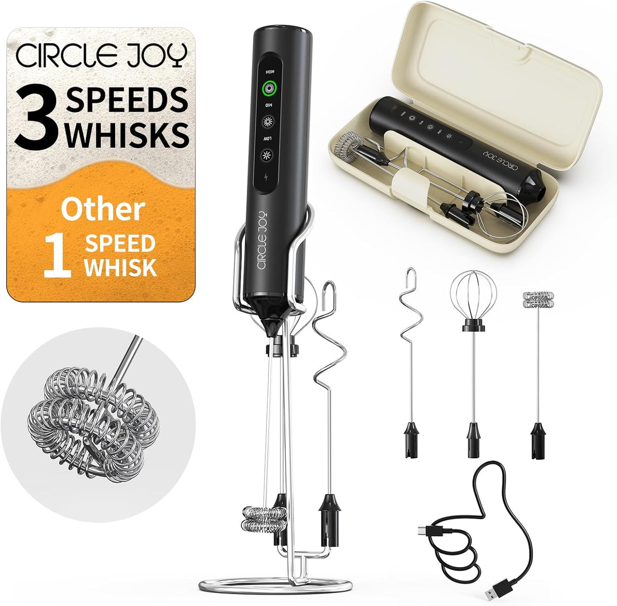 CIRCLE JOY Rechargeable Handheld Milk Frother Wand with Stand, 3 Variable Speeds, 3 Whisks and Storage Box, Electric Drink Mixer for Latte, Cappuccino, Hot Chocolate, Eggs and Protein Powder, Black