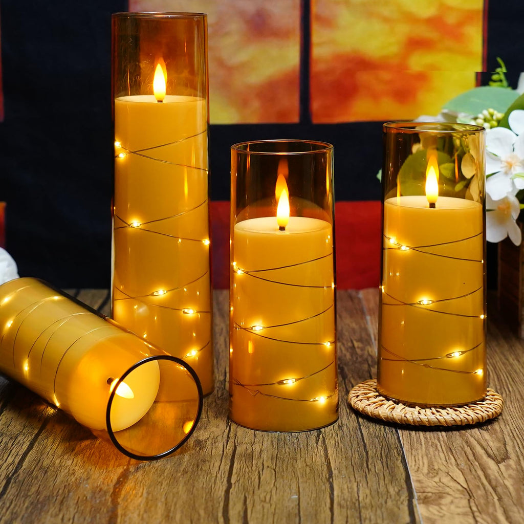 kakoya Flameless LED Candles with Timer 5 Pc Flickering Flameless Candles for Romantic Ambiance and Home Decoration Stable Acrylic Shell,with Embedded Star String，Battery Operated Candles（Grey）