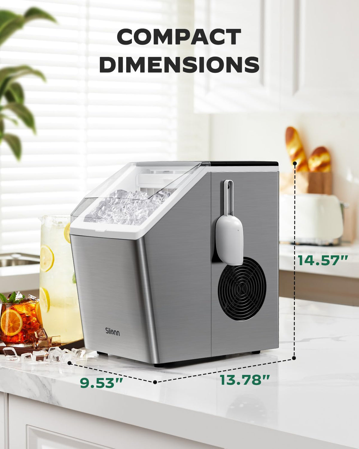 Silonn Ice Maker Countertop, Portable Ice Machine with Carry Handle, Self-Cleaning Ice Makers with Basket and Scoop, 9 Cubes in 6 Mins, 26 lbs per Day, Ideal for Home, Kitchen, Camping, RV