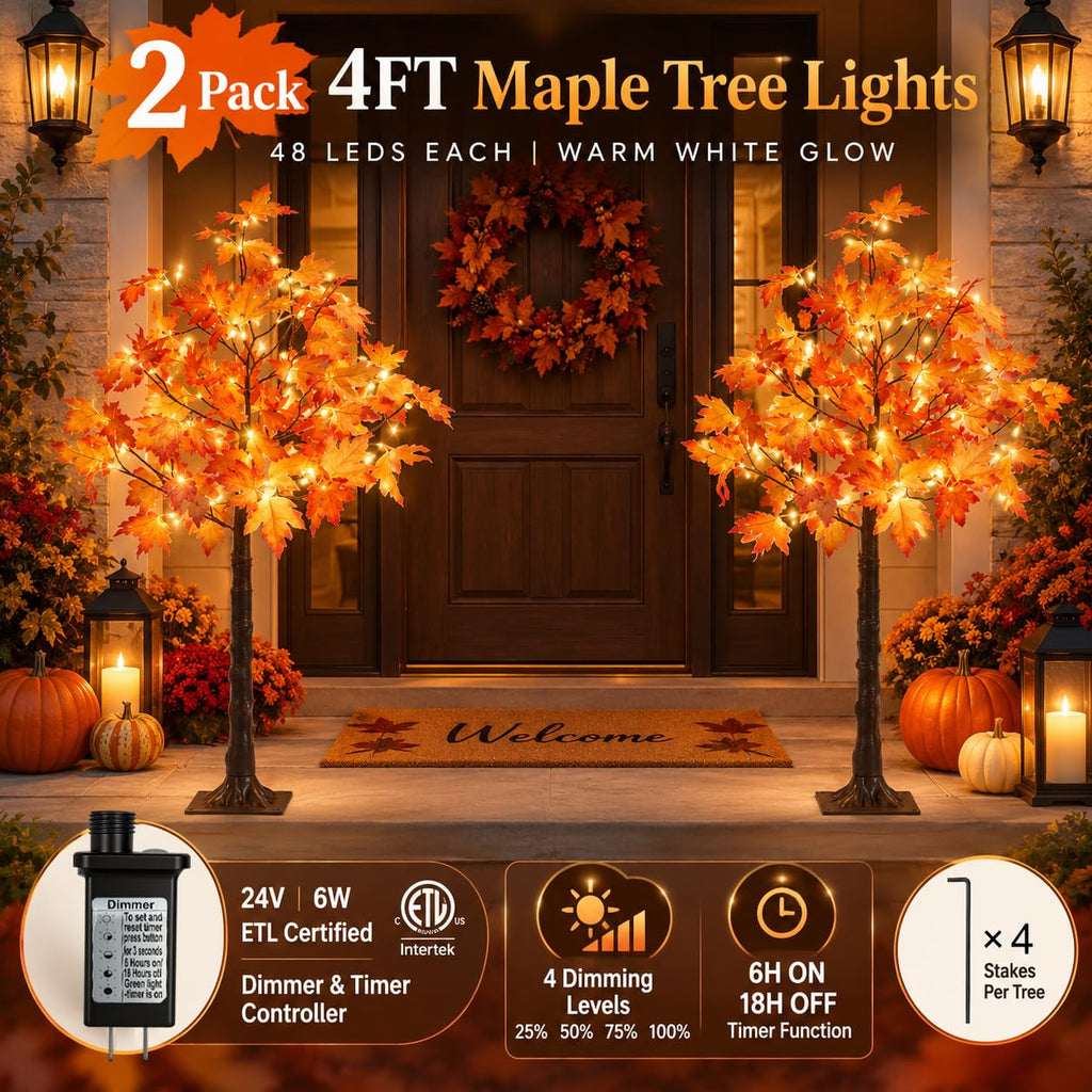 LIGHTSHARE 6FT 120LED Artificial Lighted Maple Tree Warm White Fall Decorations Indoor Ourdoor, Orange