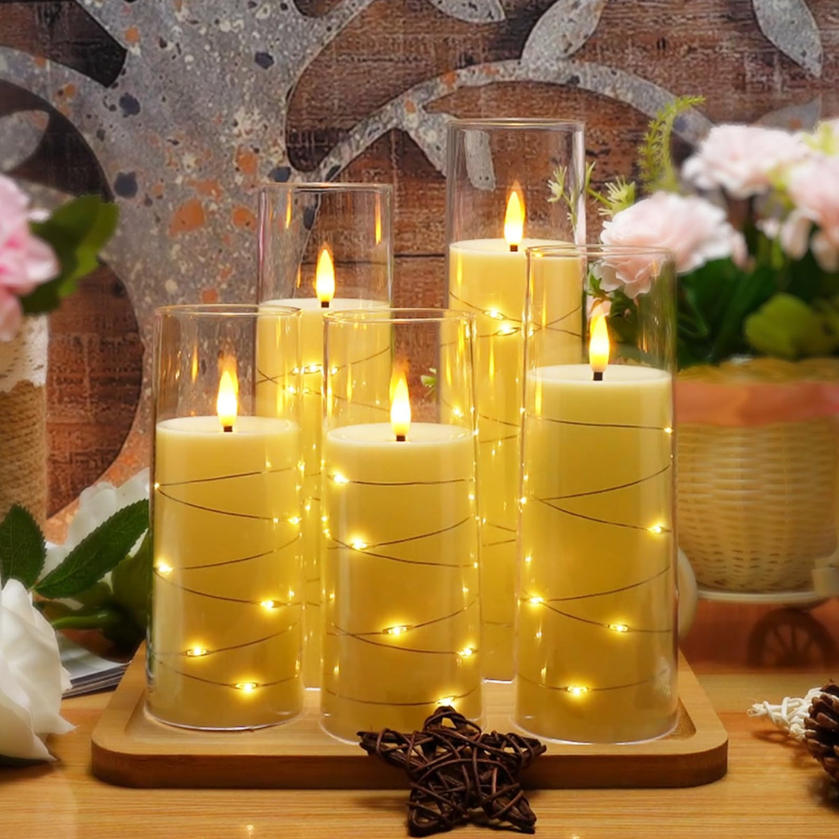 kakoya Flameless LED Candles with Timer 5 Pc Flickering Flameless Candles for Romantic Ambiance and Home Decoration Stable Acrylic Shell,with Embedded Star String，Battery Operated Candles（Grey）