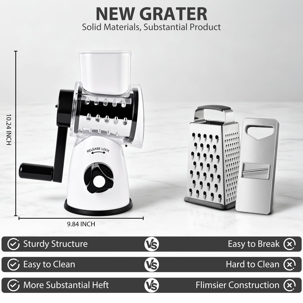 SUSTEAS Rotary Cheese Grater, Large Vegetable Food Shredder, 5 Blades