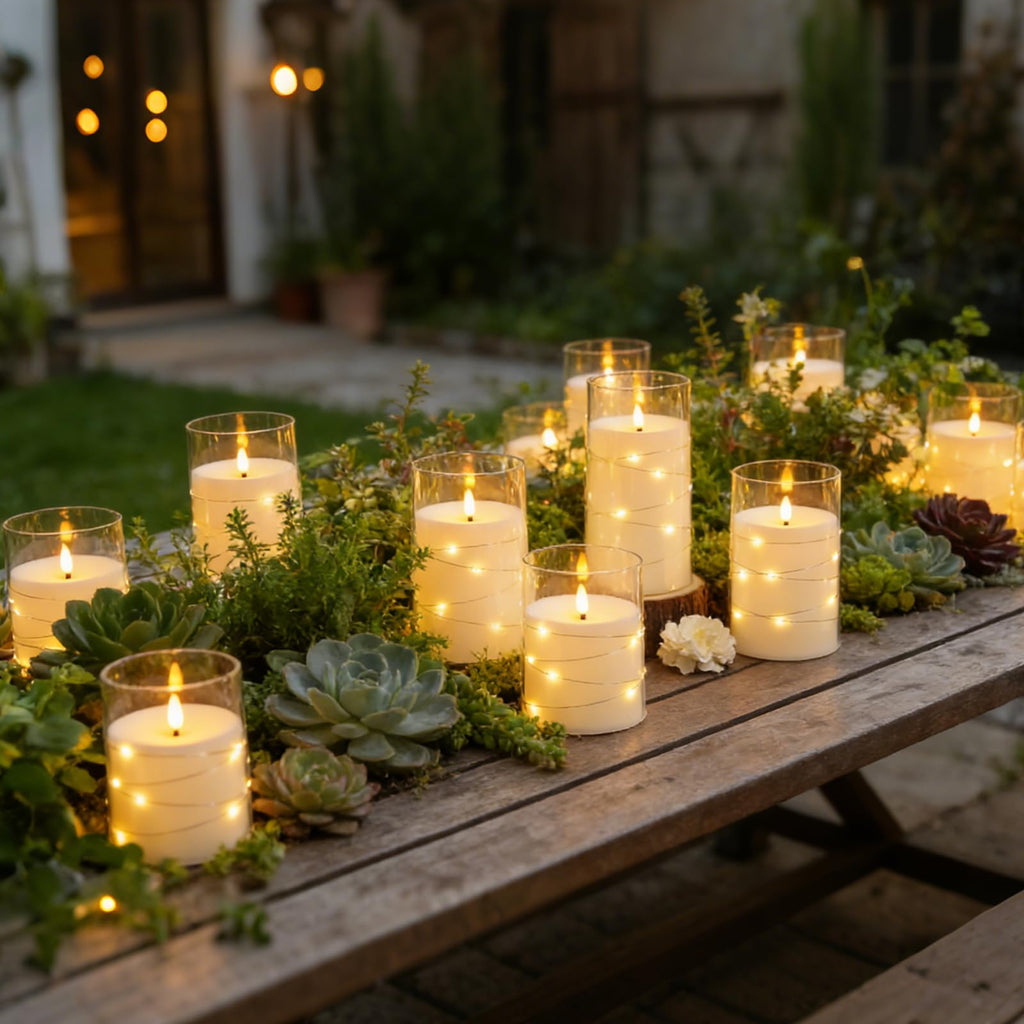 kakoya Flameless LED Candles with Timer 5 Pc Flickering Flameless Candles for Romantic Ambiance and Home Decoration Stable Acrylic Shell,with Embedded Star String，Battery Operated Candles（Grey）