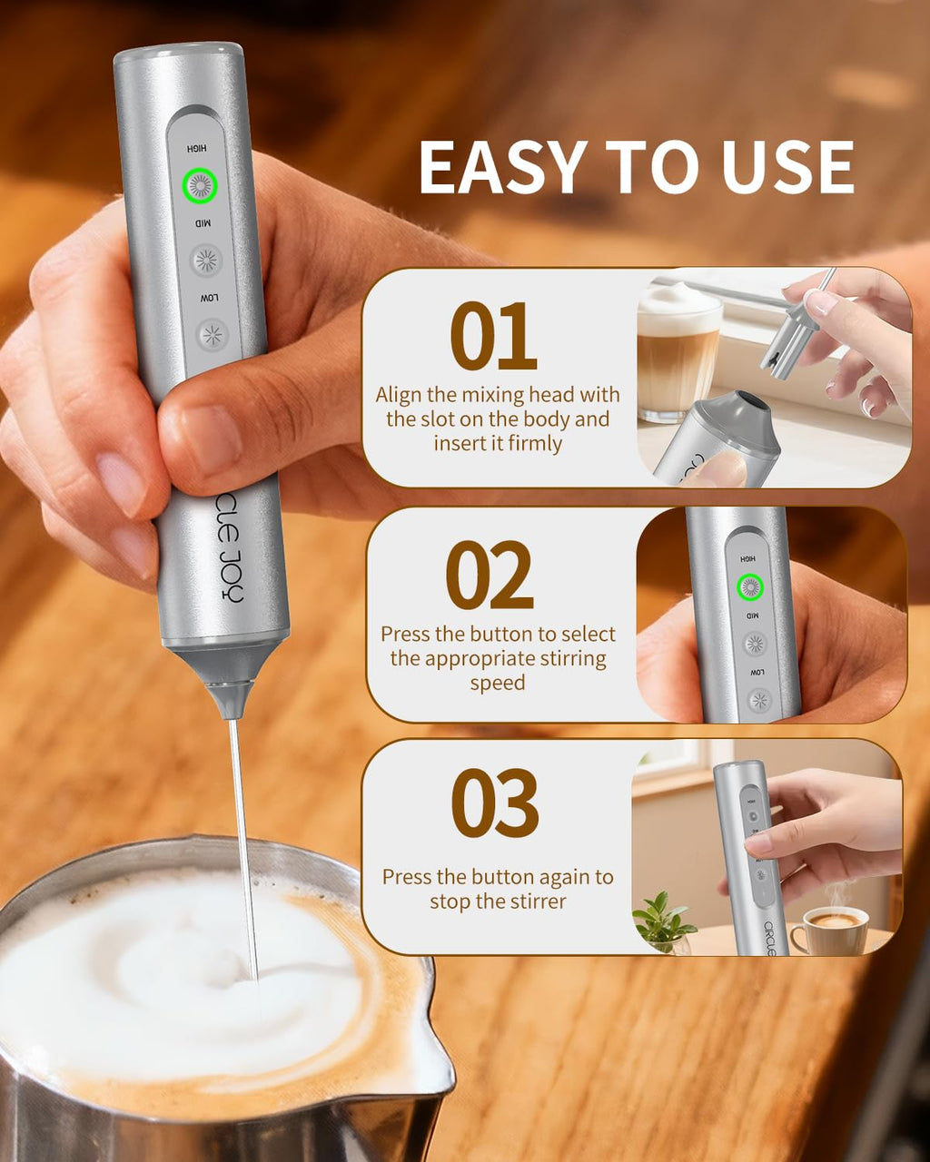 CIRCLE JOY Rechargeable Handheld Milk Frother Wand with Stand, 3 Variable Speeds, 3 Whisks and Storage Box, Electric Drink Mixer for Latte, Cappuccino, Hot Chocolate, Eggs and Protein Powder, Black