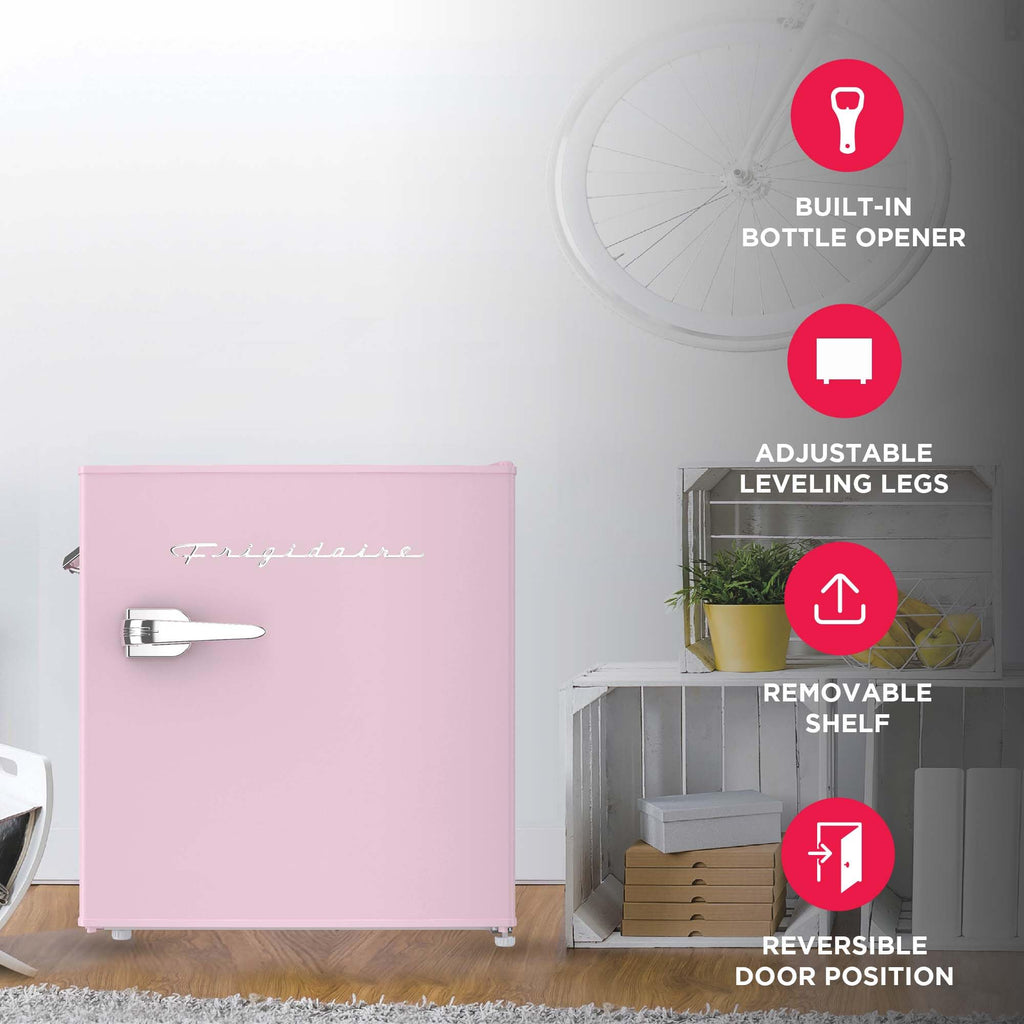 Frigidaire Retro Compact Fridge with Chiller, Countertop, Built-in Bottle Opener, Compact Refrigerator 1.6 cu ft, Mini Fridge for Office, Bedroom, Dorm Room or Cabin - 16" D x 18" W x 18.5" H (White)
