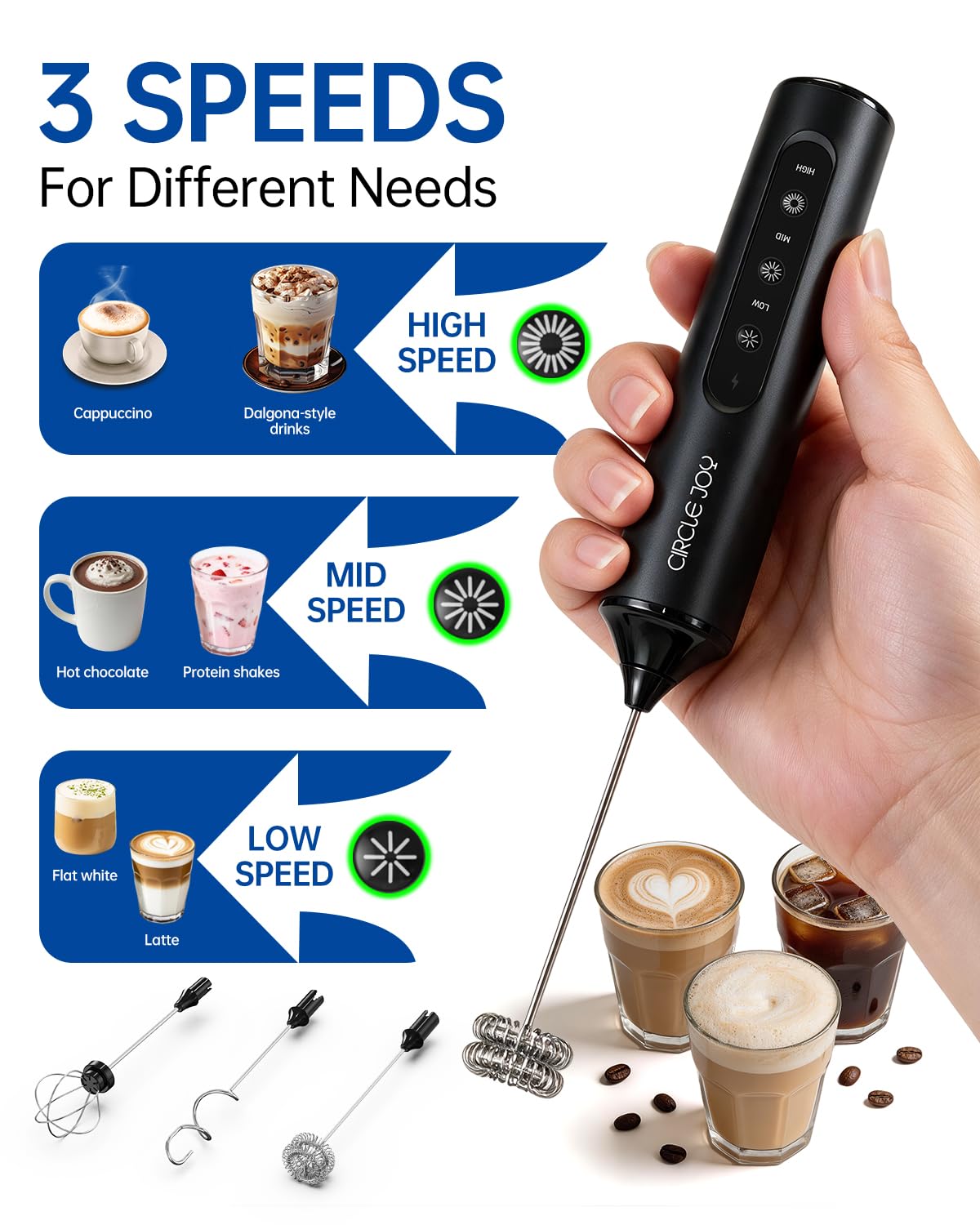 CIRCLE JOY Rechargeable Handheld Milk Frother Wand with Stand, 3 Variable Speeds, 3 Whisks and Storage Box, Electric Drink Mixer for Latte, Cappuccino, Hot Chocolate, Eggs and Protein Powder, Black