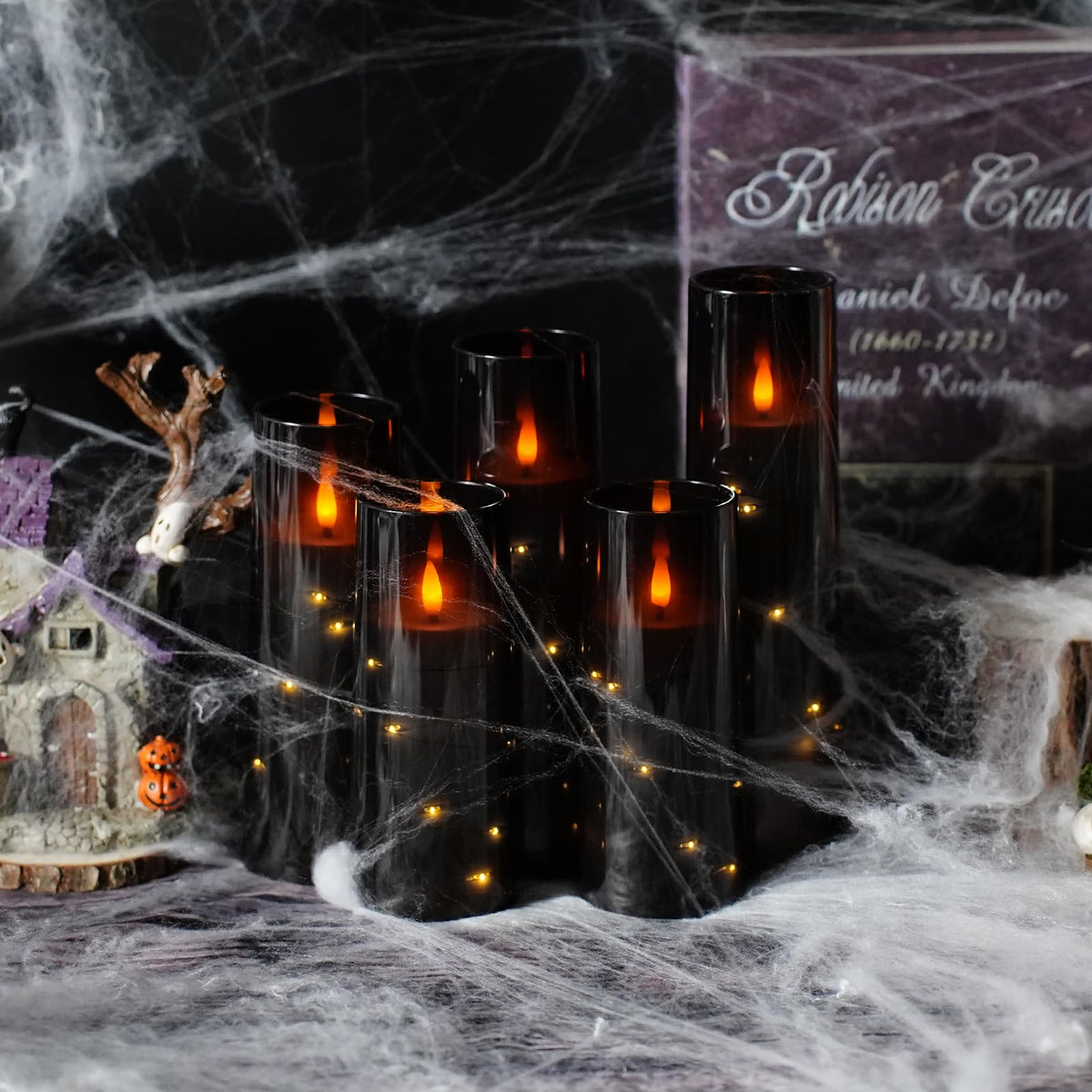 kakoya Flameless LED Candles with Timer 5 Pc Flickering Flameless Candles for Romantic Ambiance and Home Decoration Stable Acrylic Shell,with Embedded Star String，Battery Operated Candles（Grey）
