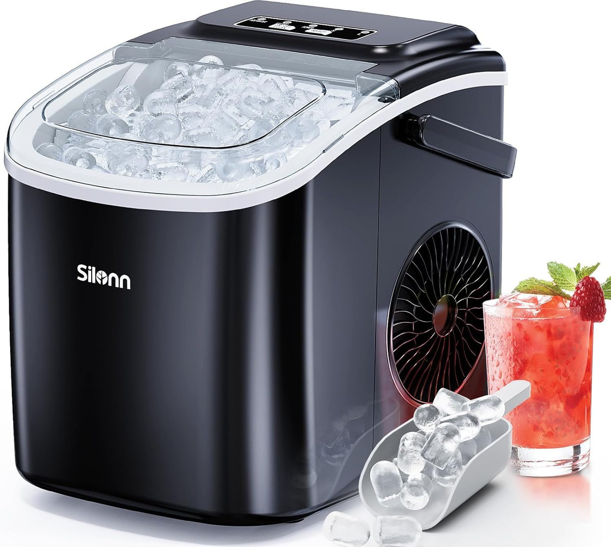 Silonn Ice Maker Countertop, Portable Ice Machine with Carry Handle, Self-Cleaning Ice Makers with Basket and Scoop, 9 Cubes in 6 Mins, 26 lbs per Day, Ideal for Home, Kitchen, Camping, RV