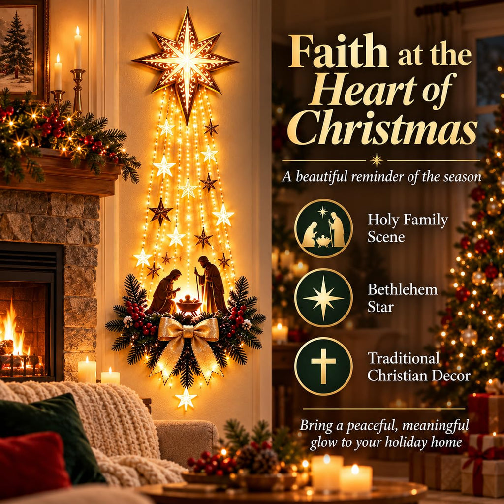 2027 New Bethlehem Star of Faith Lighted Nativity Wall Decor, Lighted Nativity Wall Decor, Led Bethlehem Star of Faith with Holy Family Scene And Warm Lights for Home, Fireplace & Entryway，1pc