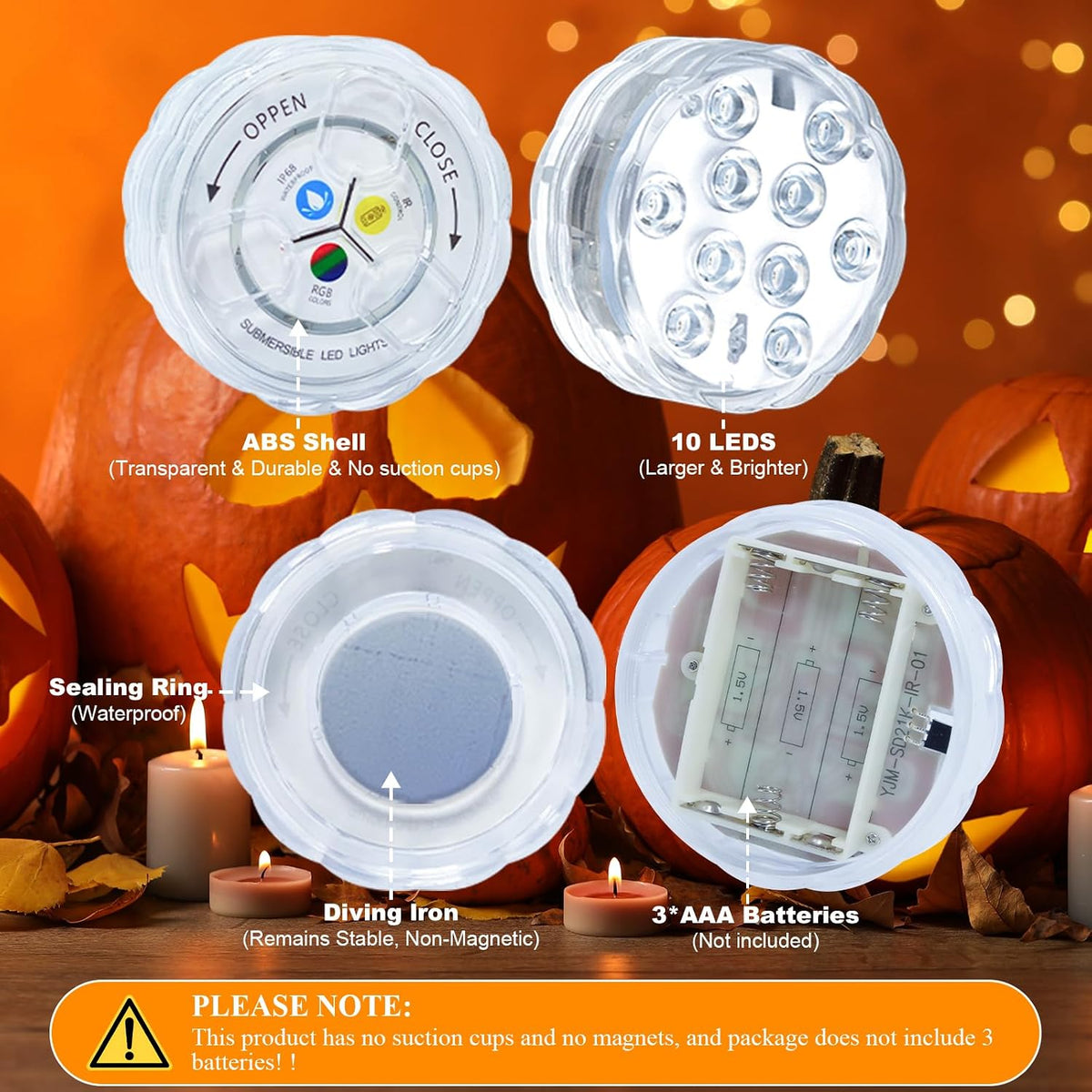 Pumpkin Lights with Remote, Battery Operated Jack O Lantern Lights for Pumpkins, Halloween Decor, Puck, Bathtub, Hot Tub, Party, 4 Pack