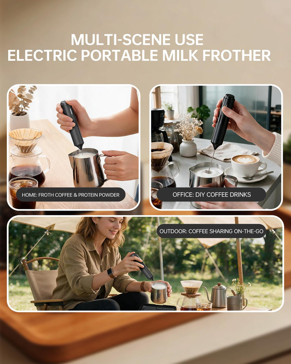 CIRCLE JOY Rechargeable Handheld Milk Frother Wand with Stand, 3 Variable Speeds, 3 Whisks and Storage Box, Electric Drink Mixer for Latte, Cappuccino, Hot Chocolate, Eggs and Protein Powder, Black