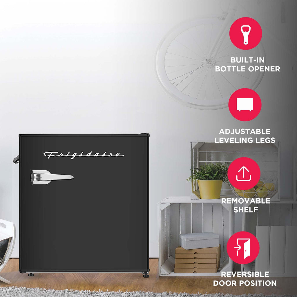 Frigidaire Retro Compact Fridge with Chiller, Countertop, Built-in Bottle Opener, Compact Refrigerator 1.6 cu ft, Mini Fridge for Office, Bedroom, Dorm Room or Cabin - 16" D x 18" W x 18.5" H (White)
